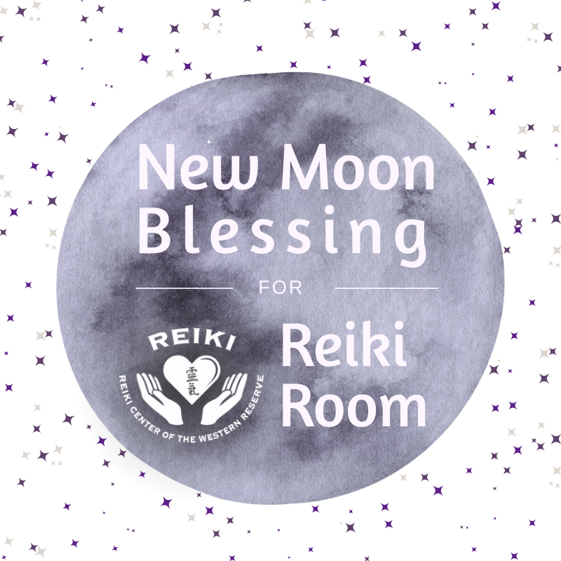 A moon on a starry background that reads "New Moon Blessing for Reiki Room" with the RCWR logo.