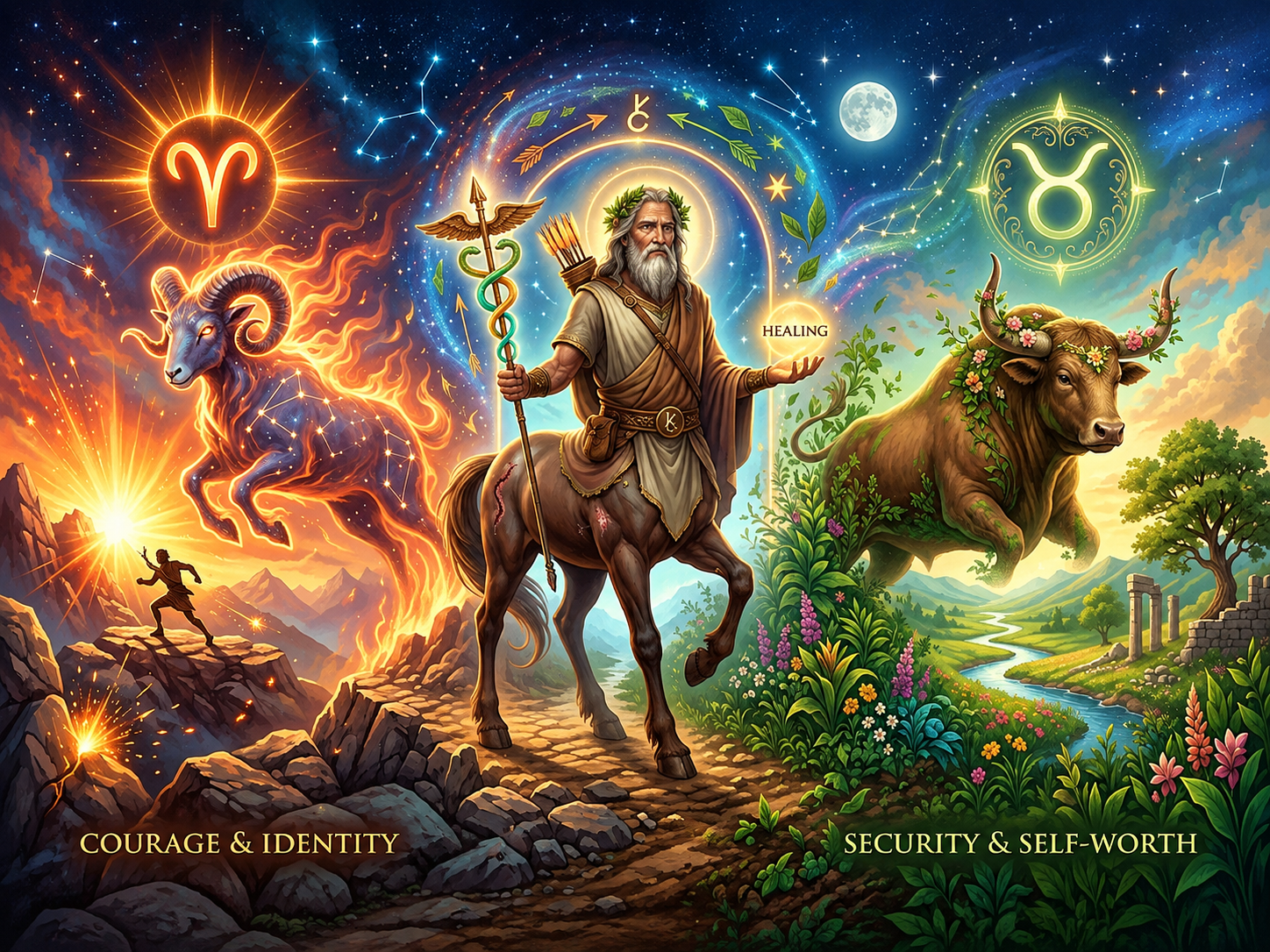 The centaur Chiron stands between the Aries ram and the Taurus bull
