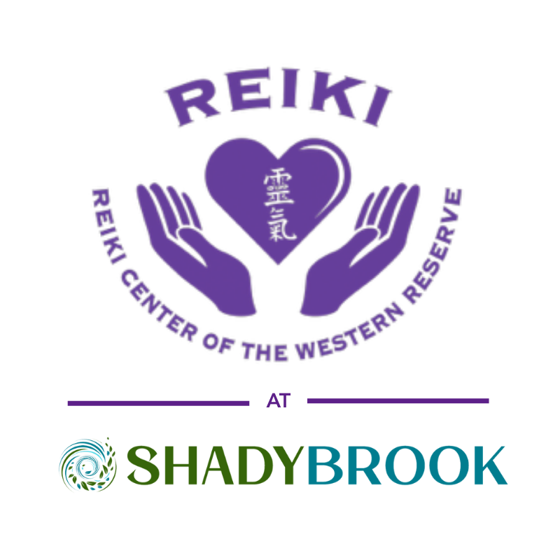 Reiki hands hold a heart with the Reiki kanji printed on it.   It reads "Reiki - Reiki Center of the Western Reserve" at Shadybrook with the Shadybrook logo beneath.