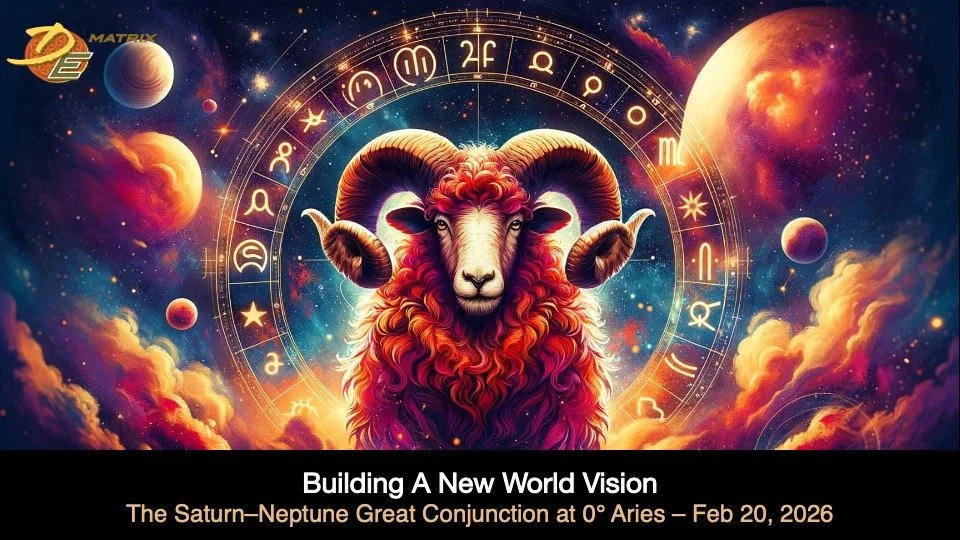 The Aries Ram standing in front of a celestial background with the wheel of the zodiac framing him.