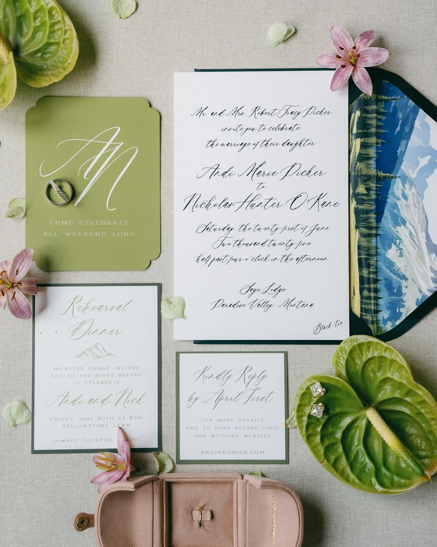 Mountain magic starts with the perfect invitation.

#92Sutton #WeddingInvitations #CustomStationery #InvitationSuite #MountainWedding #SageLodgeWedding #MontanaWedding #WeddingInspo #WeddingDetails #StationeryDesign #LuxuryStationery #BespokeInvitati