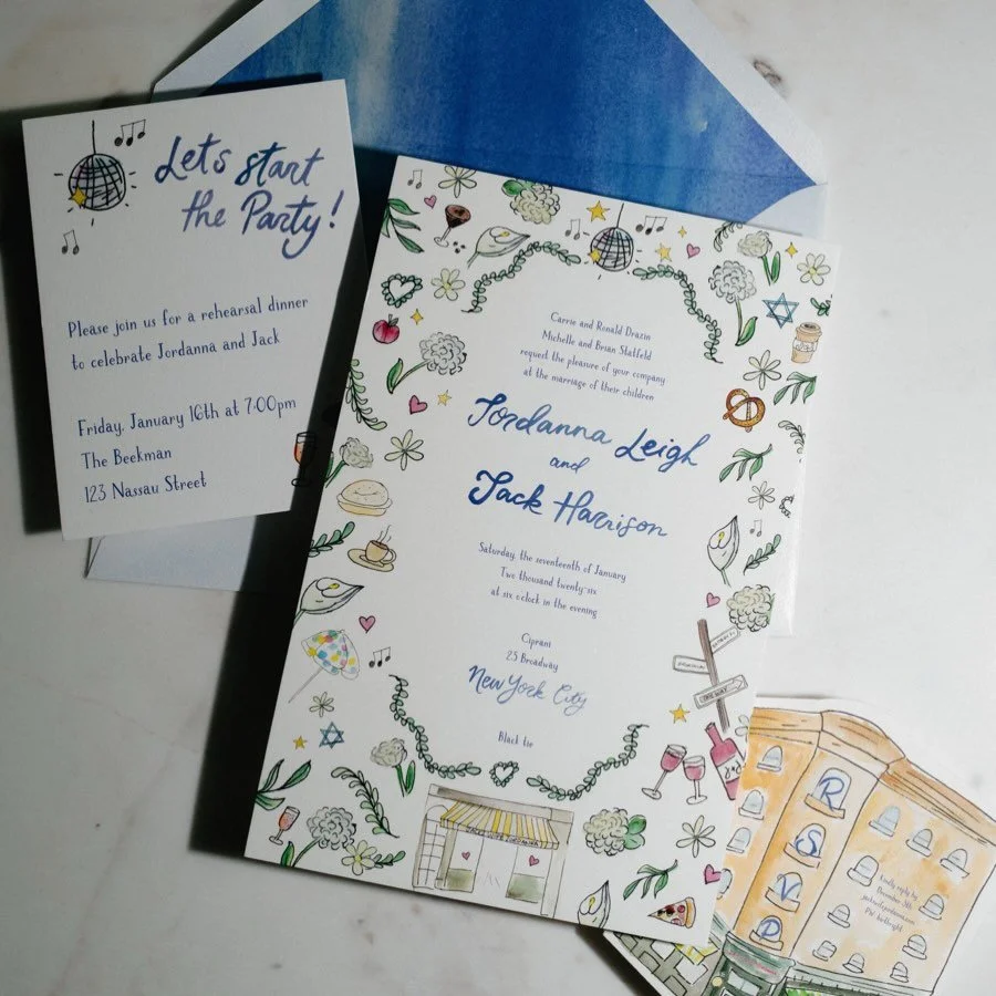 Hand-painted watercolor invites for Jordanna &amp; Jack, bringing their NYC love story to life 🚕❤️🗽🍸🥨

Photography: @kristinaadamsphoto