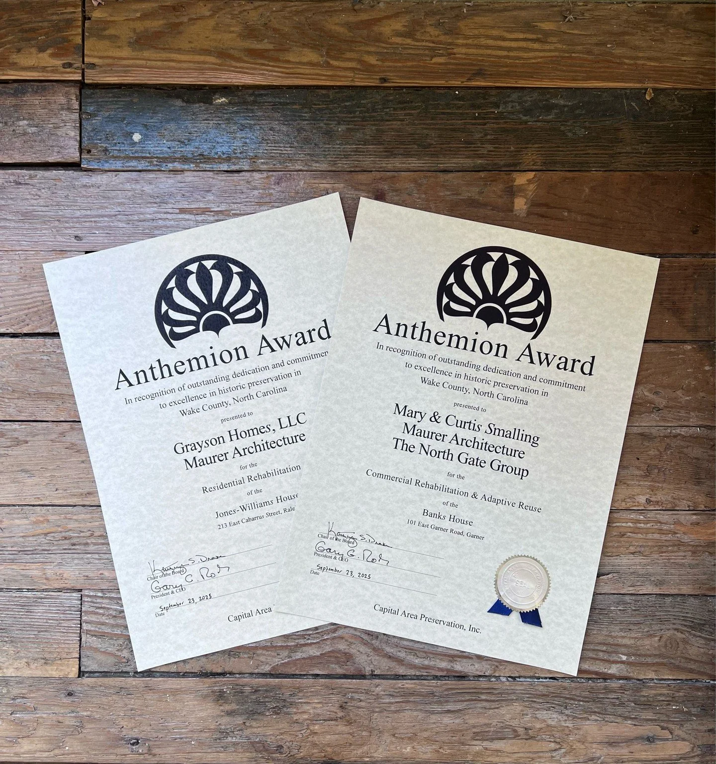 &quot;In recognition of outstanding dedication and commitment to excellence in historic preservation in Wake County, North Carolina&quot;

2025 Anthemion Awards for The Banks House (commercial) in Garner and the Jones-Williams House (residential) in 