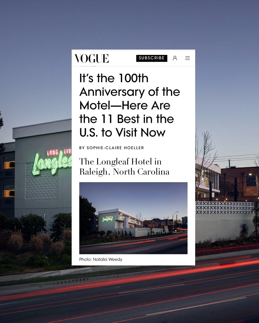 In celebration of 100 years of the motel, @voguemagazine rounded up the best 11 motels around the country. The beloved @thelongleafhotel , right here in Raleigh is on their list!

Originally built during the 1960s as a Raleigh Travelodge, the Longlea