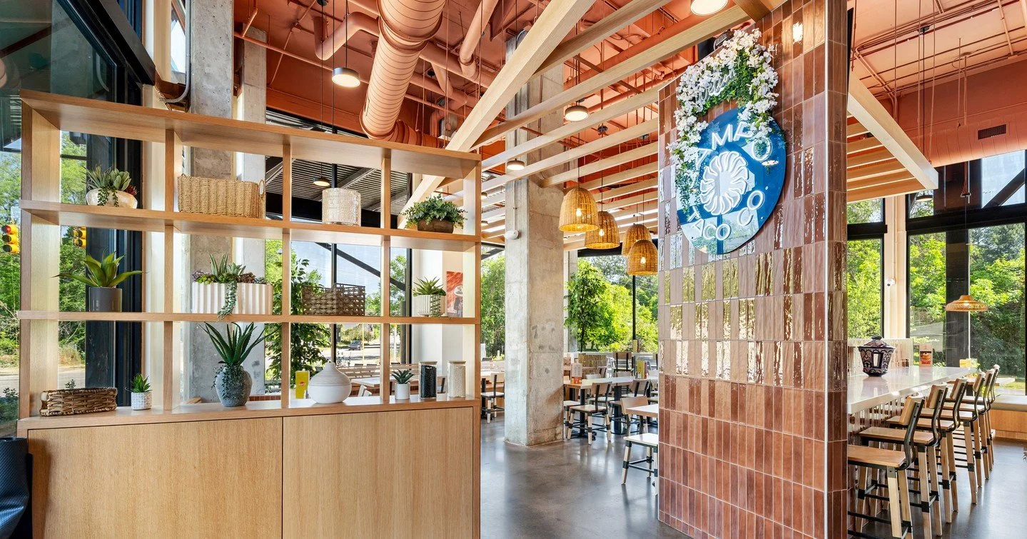 Glossy, colorful tile plays a leading role at @campotaco.co&mdash;bringing in energy and light, while creating a dynamic backdrop. Balanced by warm, natural wood tones, the interior feels both lively and grounded. The result is a thoughtful restauran