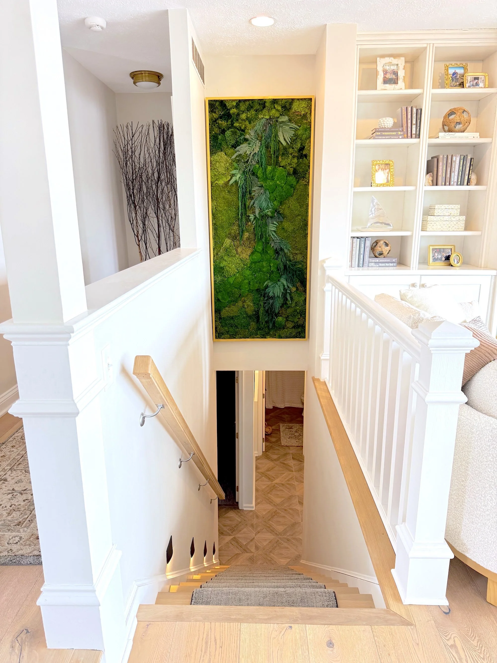 Large, vertical moss wall with forest design. Preserved moss art in Noblesville, Indiana. 