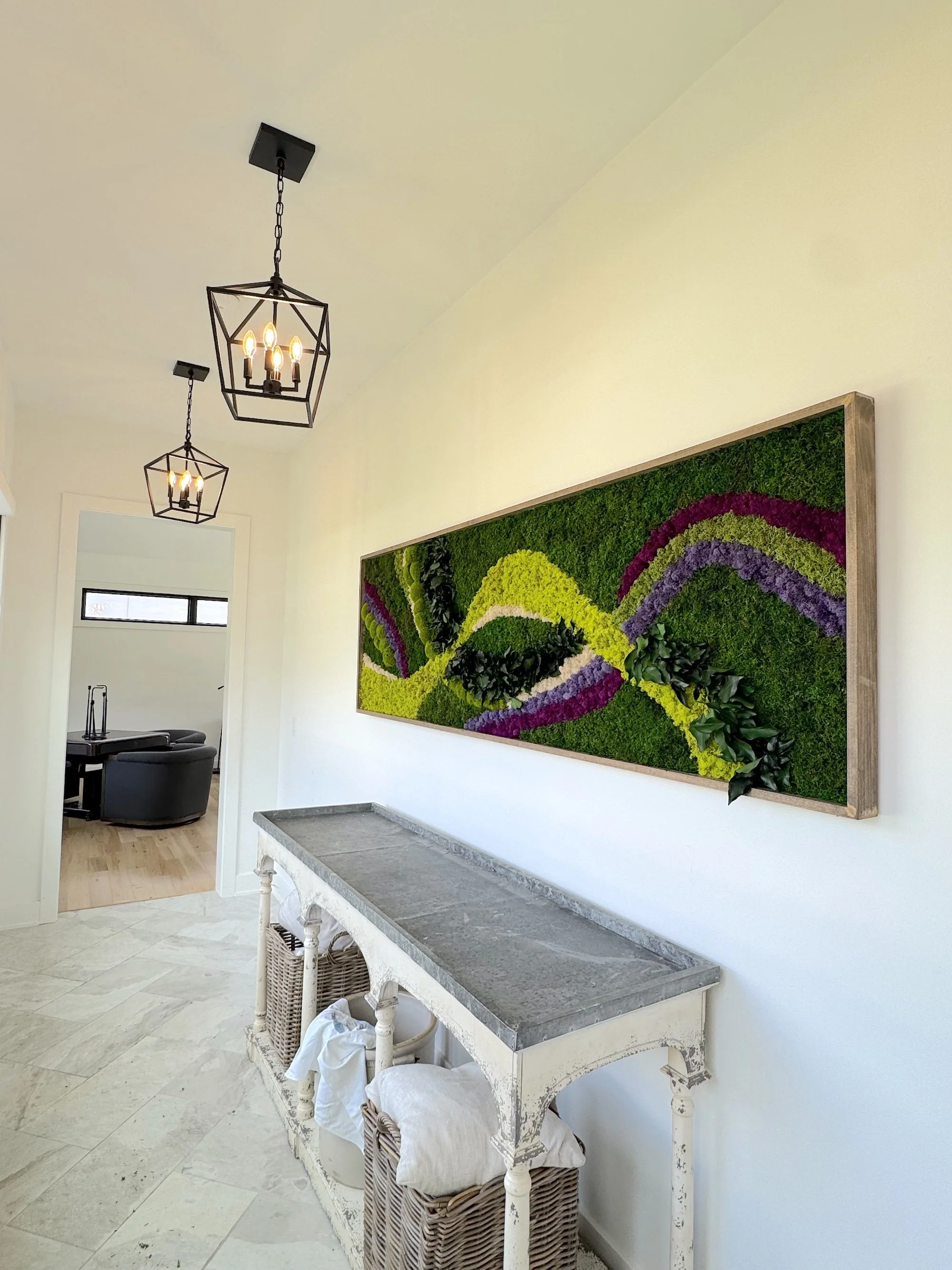 Rectangle moss art with purple wave in residential home in Fishers, IN.