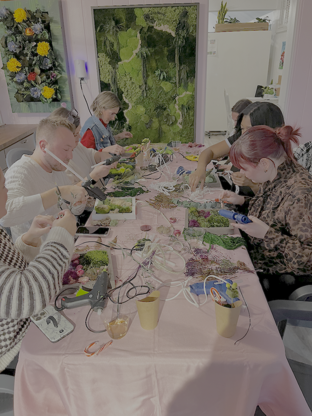 Company party activity. Moss workshop. Employees from Business Furniture Co. gathered at Naturspire for a Moss Making Event.