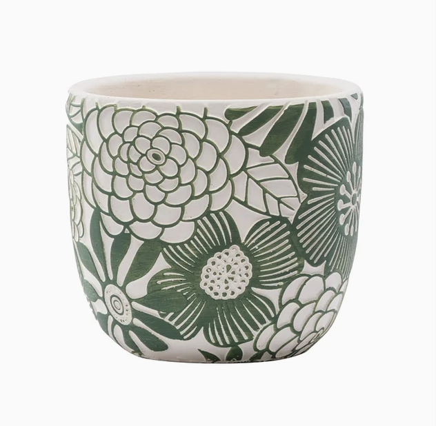 6" Ceramic Planter with Green Floral Outline