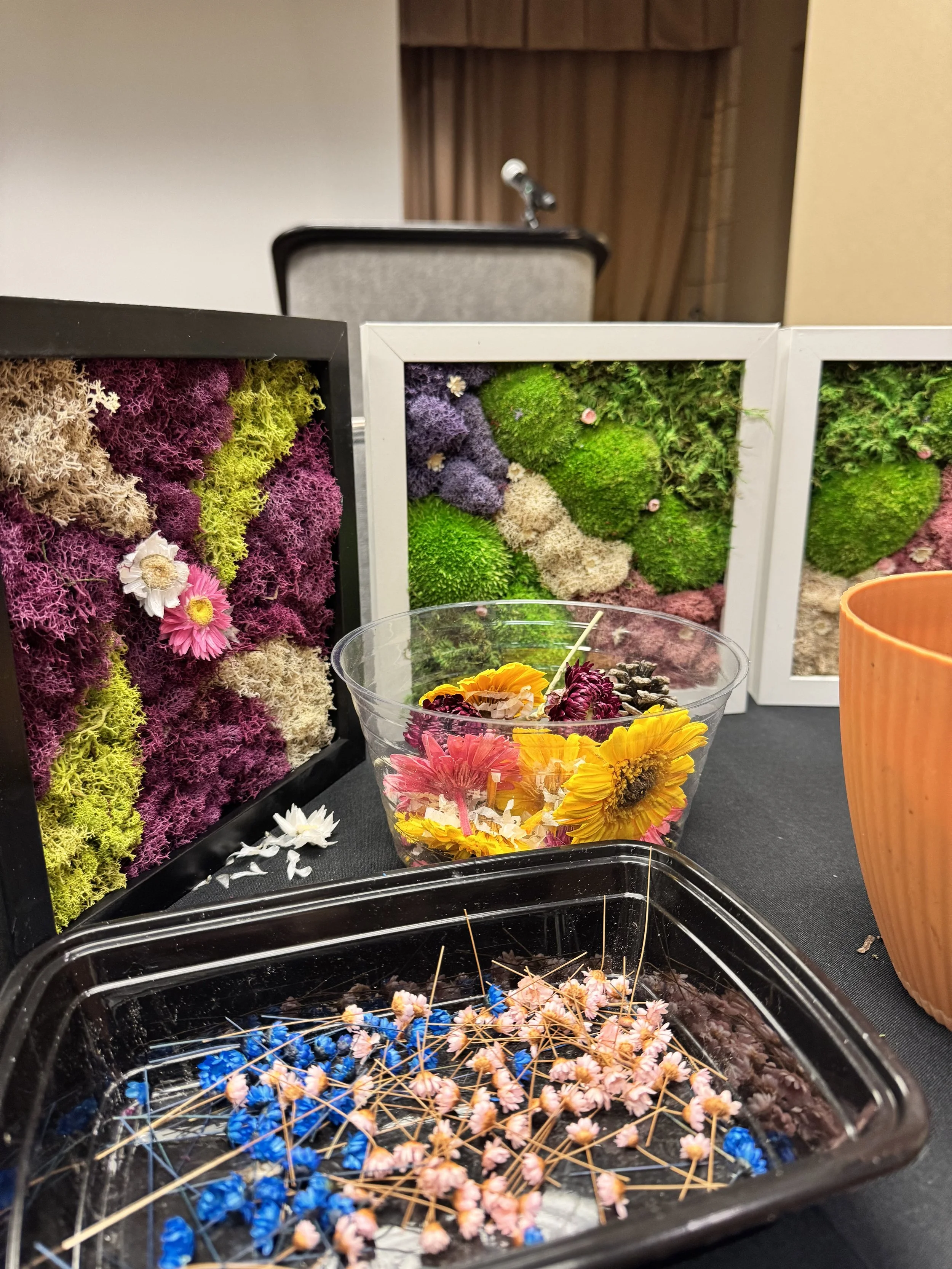 Preserved Moss and Dried Flowers displayed at Naturspire's Moss Workshop in Carmel, Indiana