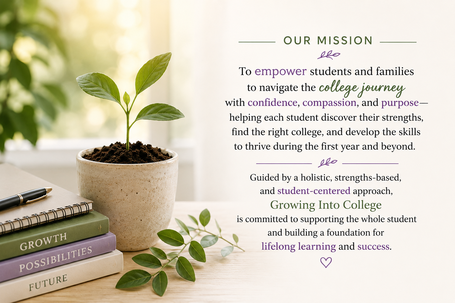 The image has a plant with 3 books whose titles are "Growth," "Possibilities," and "Future."