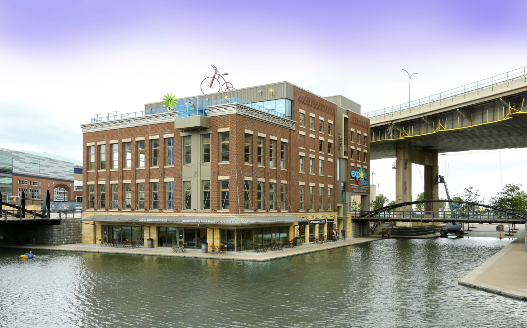 A view of Explore & More Museum from Buffalo's Canalside -A