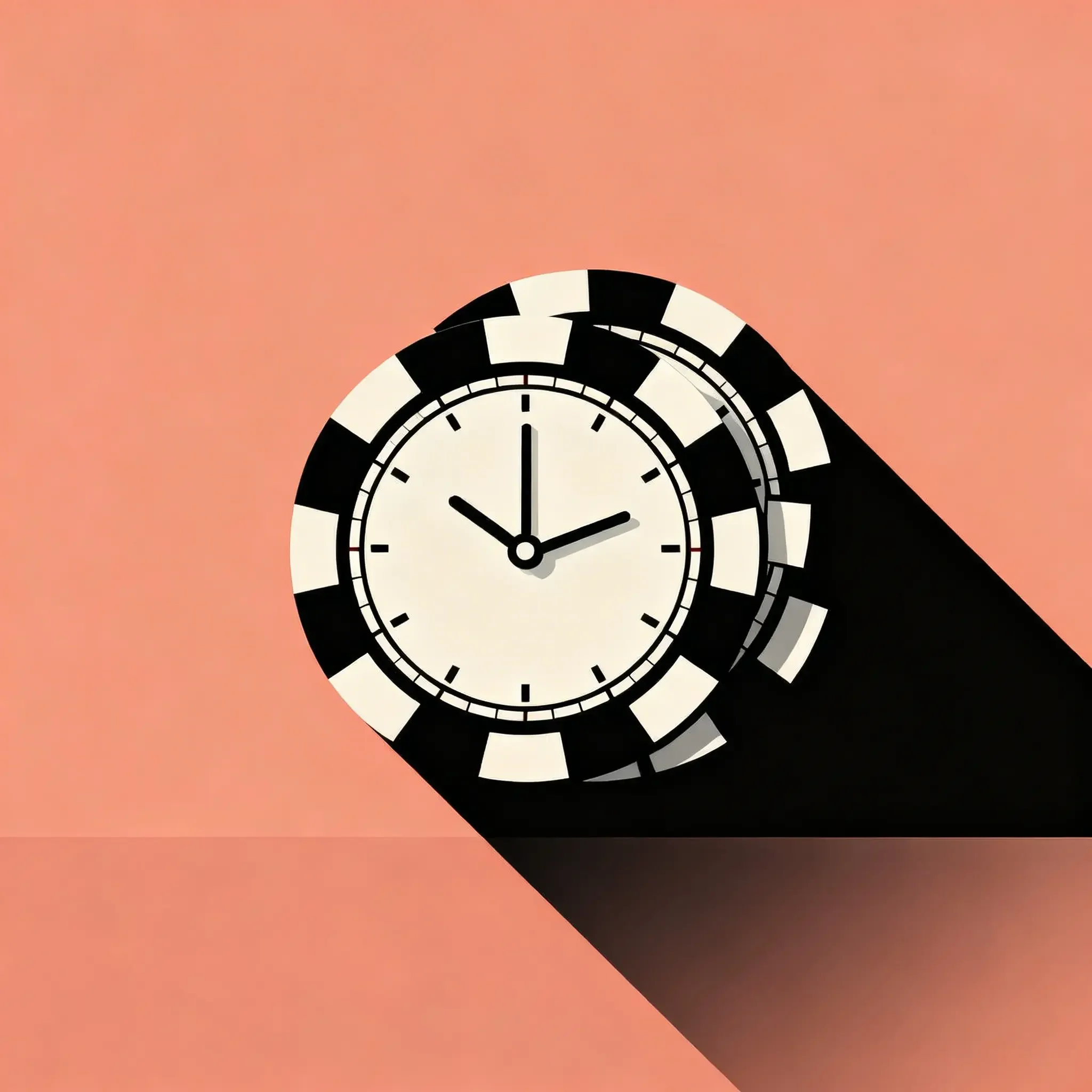 Illustration of a close-up of a poker chip with black and white analog clock with a coral background.