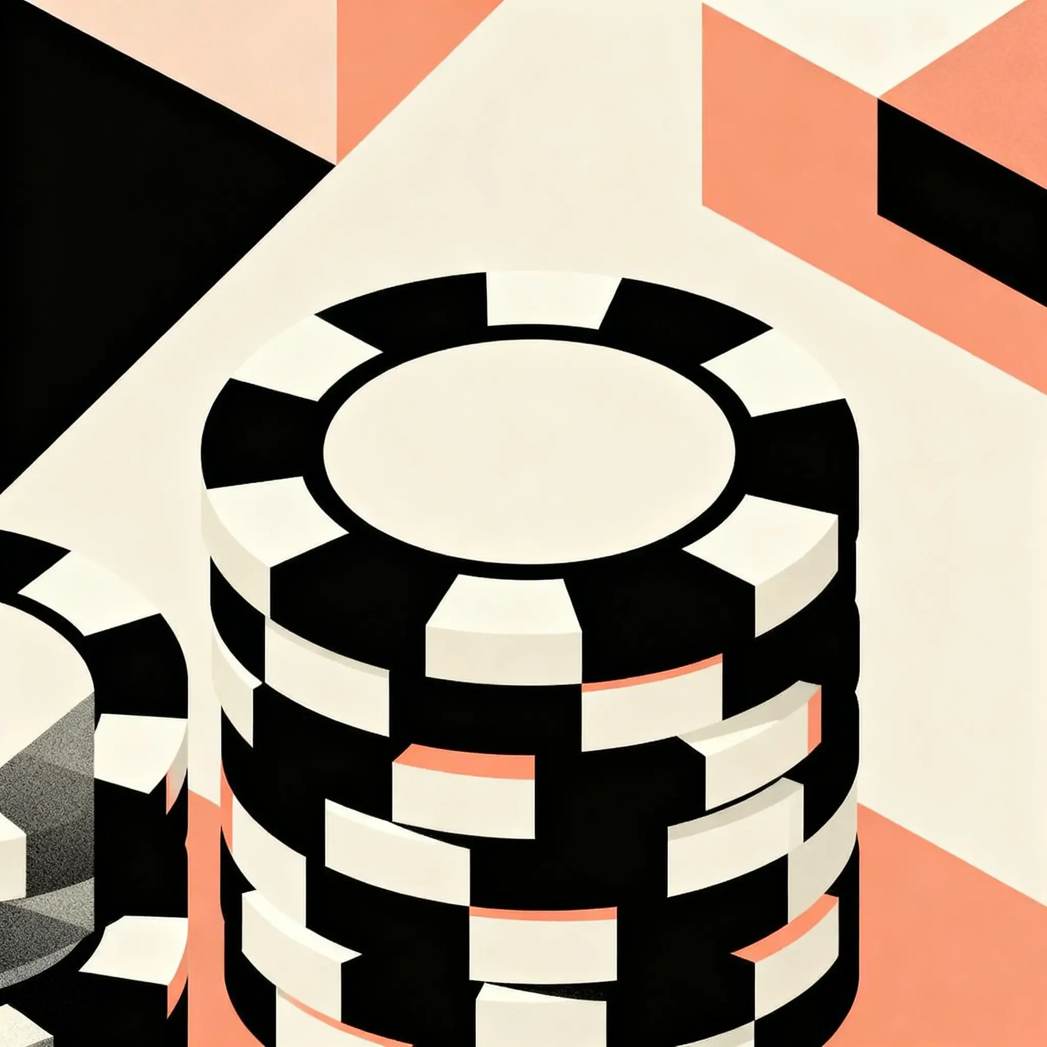 Illustration of black and white poker chips on a geometrically divided background in black, white, and coral sections