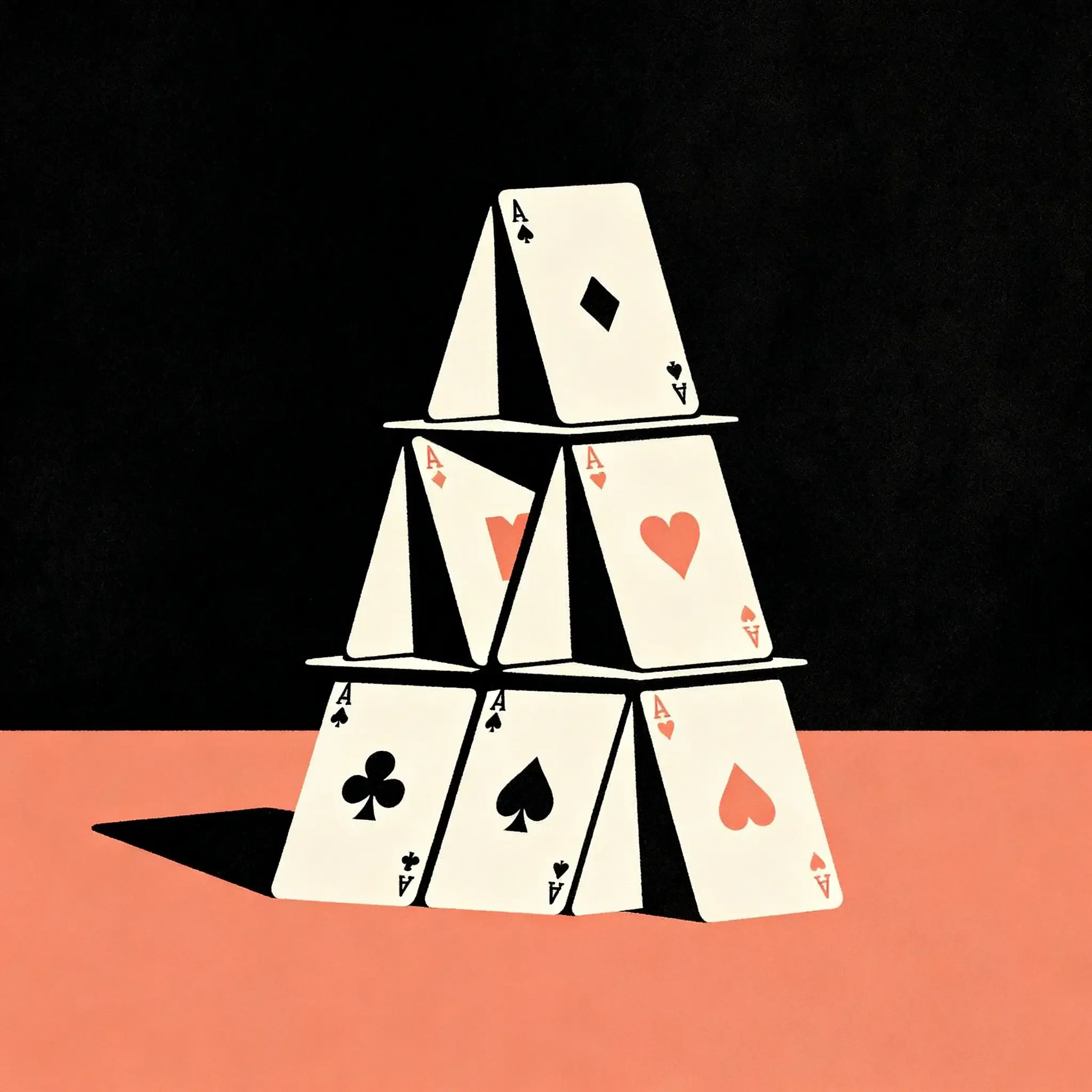 Illustration of a pyramid of playing cards arranged casting a shadow on a coral-colored surface against a black background.