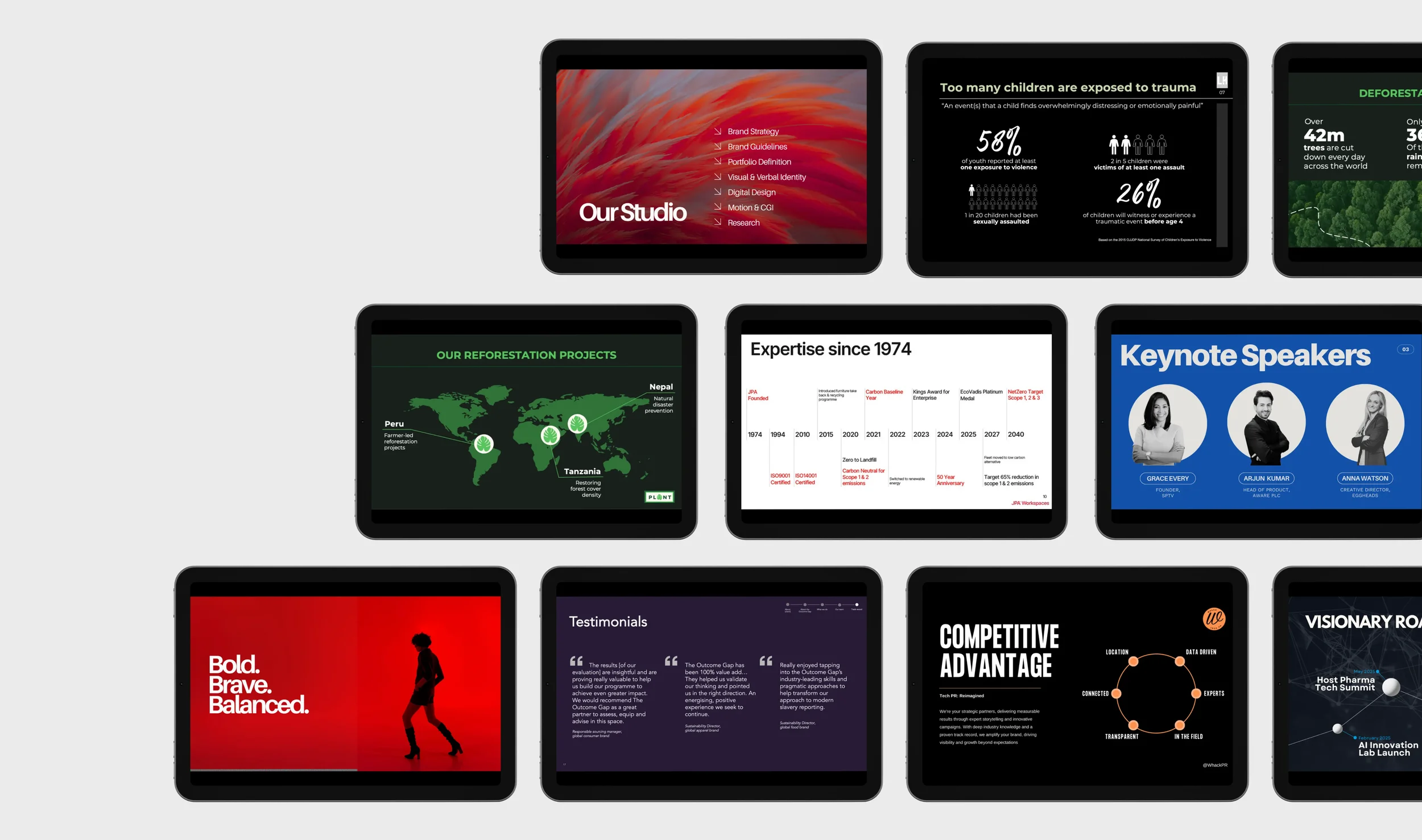 Examples of professional presentation design including pitch decks, sales slides and keynote presentations with clear layouts and strong visual hierarchy