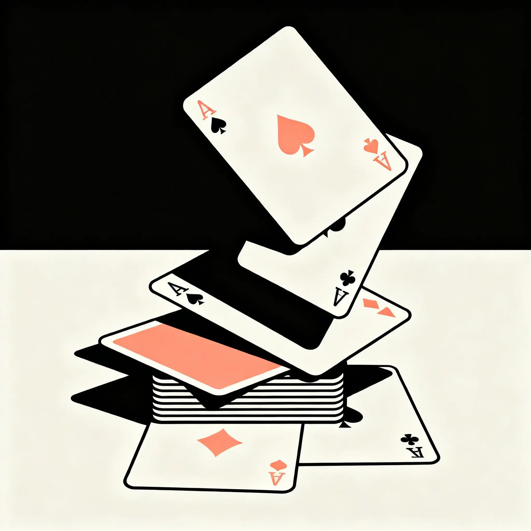 Illustration of playing cards falling into a pile, with Ace of Hearts on top, and a stack of other cards below, on a black and white background.