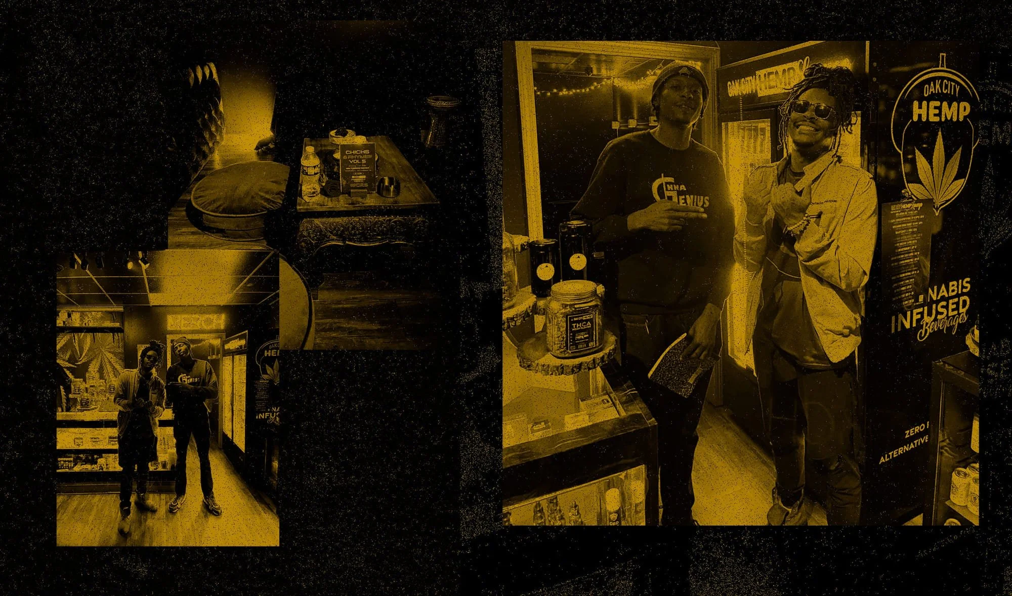 Two people standing inside a cannabis dispensary, smiling and holding drinks, with shelves displaying cannabis products and promotional posters in the background.