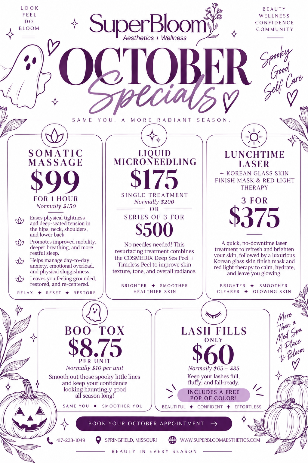 October specials advertisement from Super Bloom Aesthetics and Wellness, featuring ghost, pumpkins, and floral illustrations. Offers on somatic massage, liquid microneedling, lunchtime laser, boo-tox, and lash fills with prices and brief descriptions, decorated with Halloween-themed doodles.