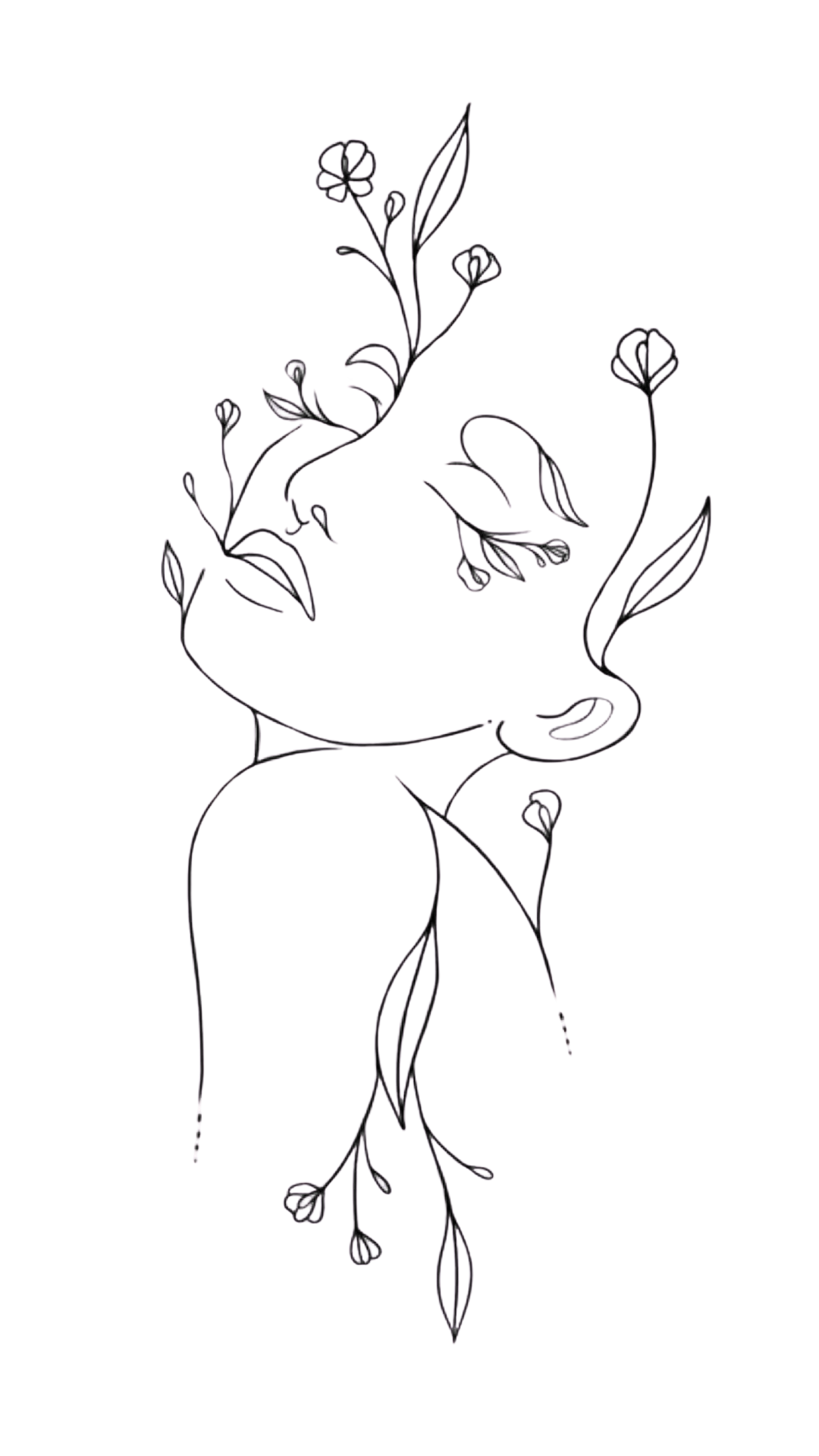 Line drawing of a woman's face with flowers and leaves intertwined, forming her hair and neck.