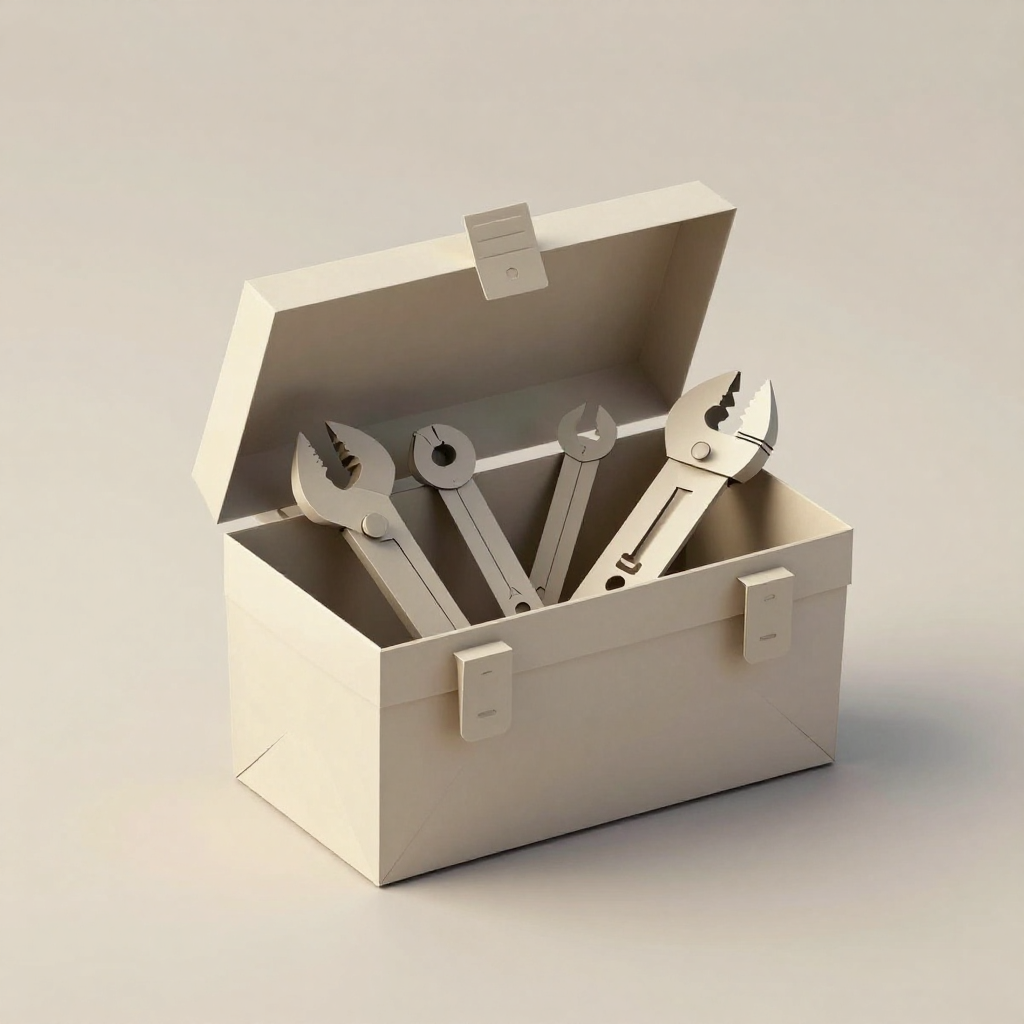 A white box with an open lid containing four miniature adjustable wrenches.