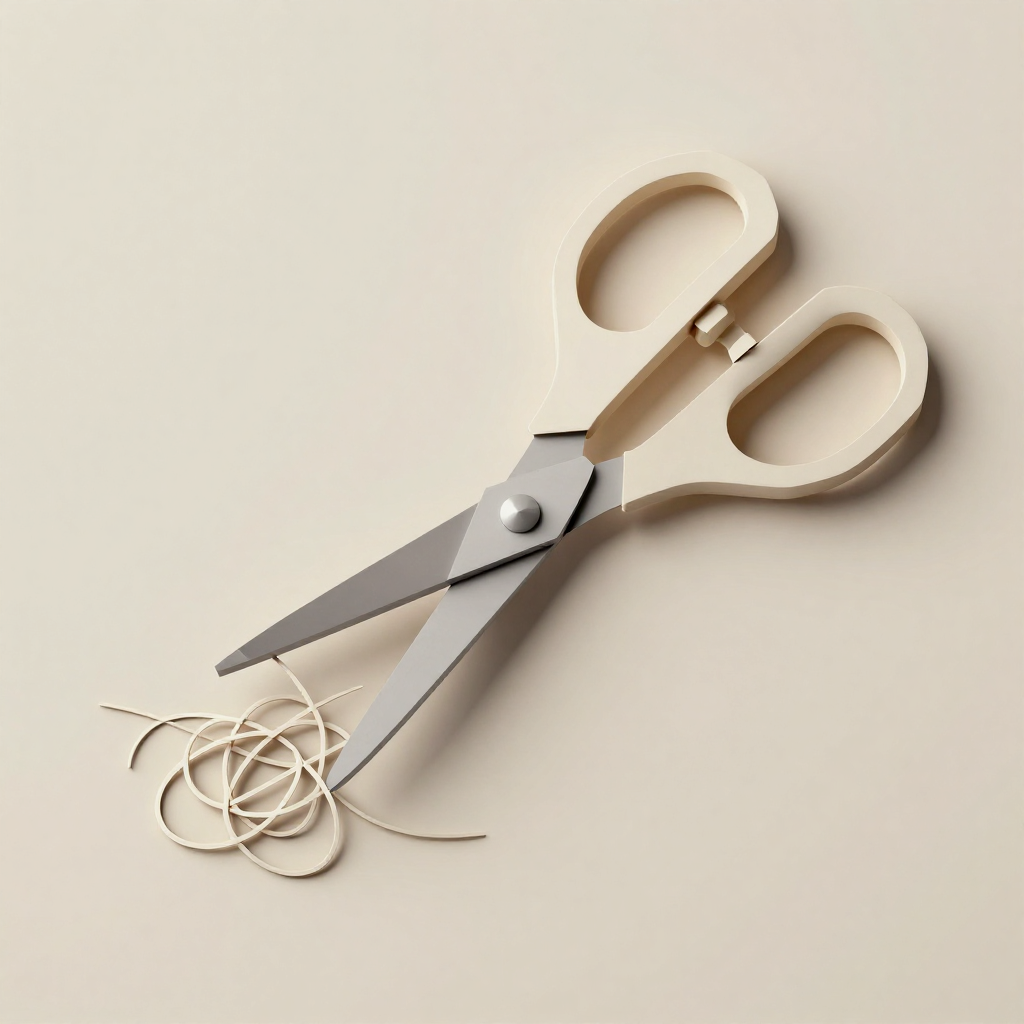 A pair of scissors cutting a rubber band on a plain white surface.