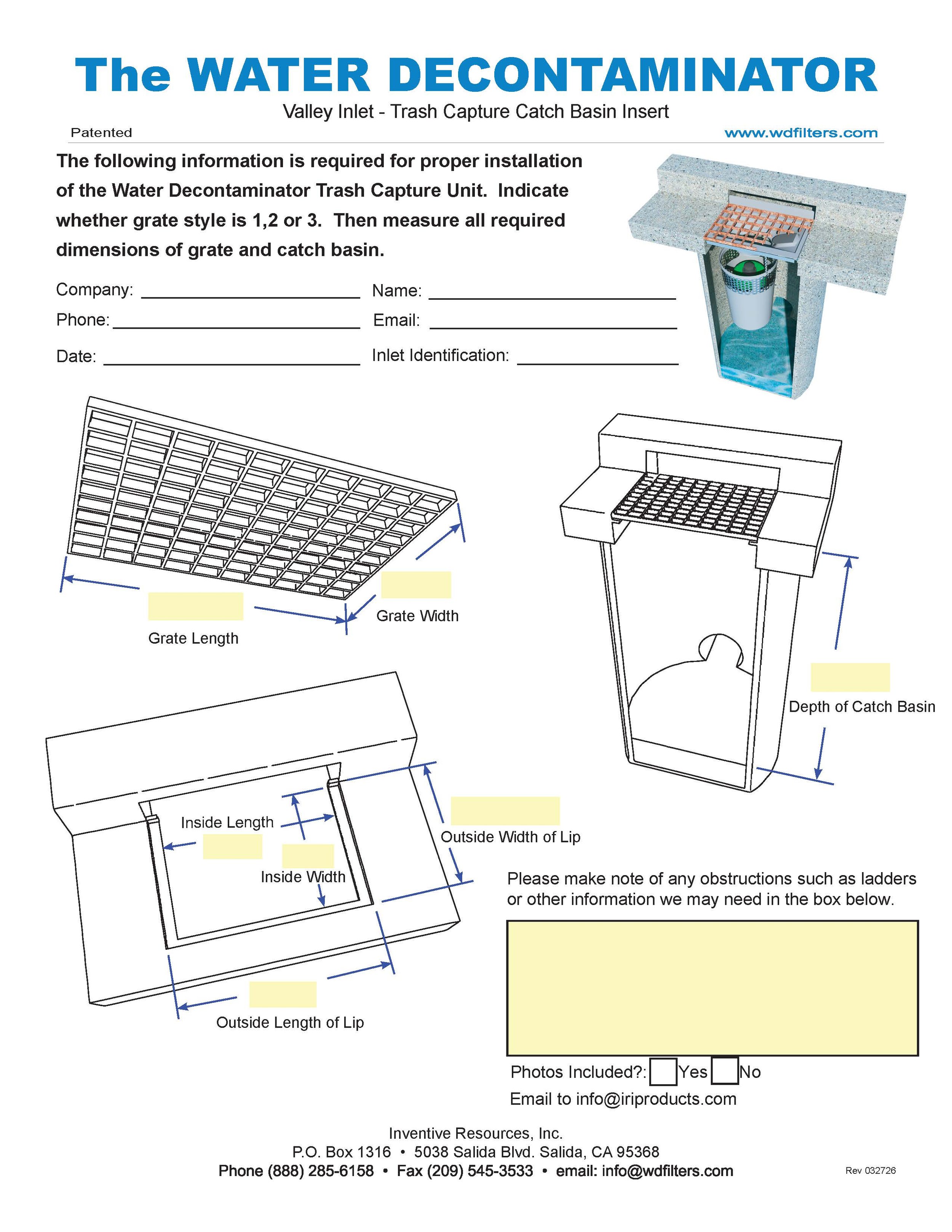 Installation guide for a water decontaminator catch basin storm water filter, including diagrams with measurements for grate and catch basin dimensions, and contact information for Inventive Resources, Inc.