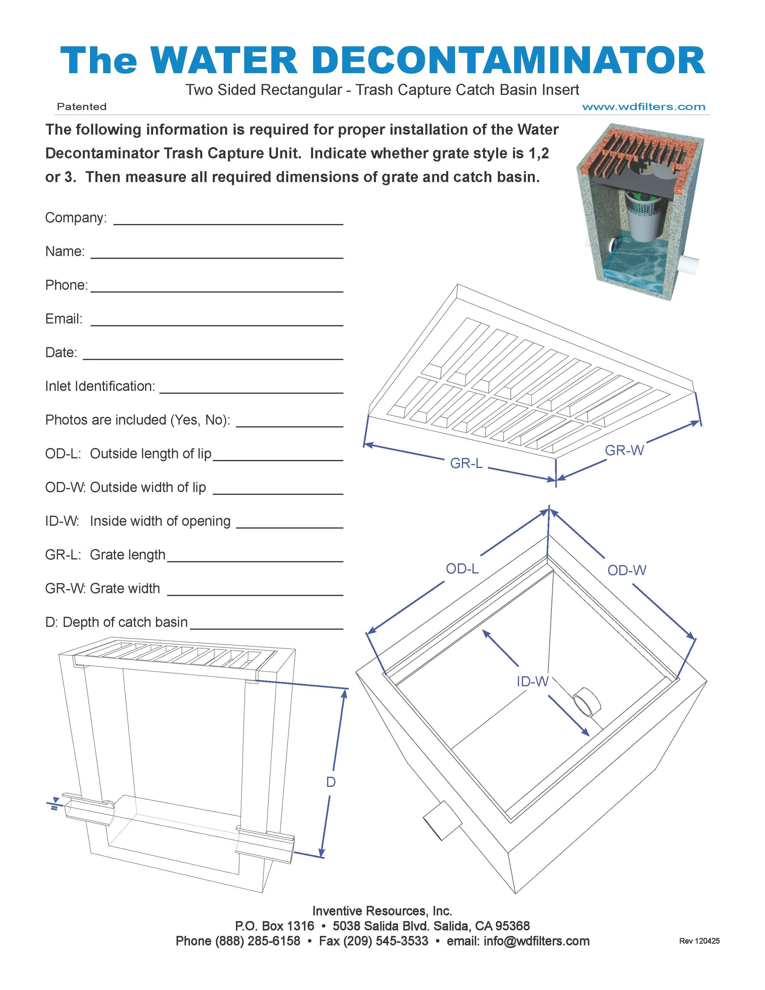 Instruction sheet for The Water Decontaminator Trash Capture Catch Basin Insert with diagrams and measurement fields for proper installation.