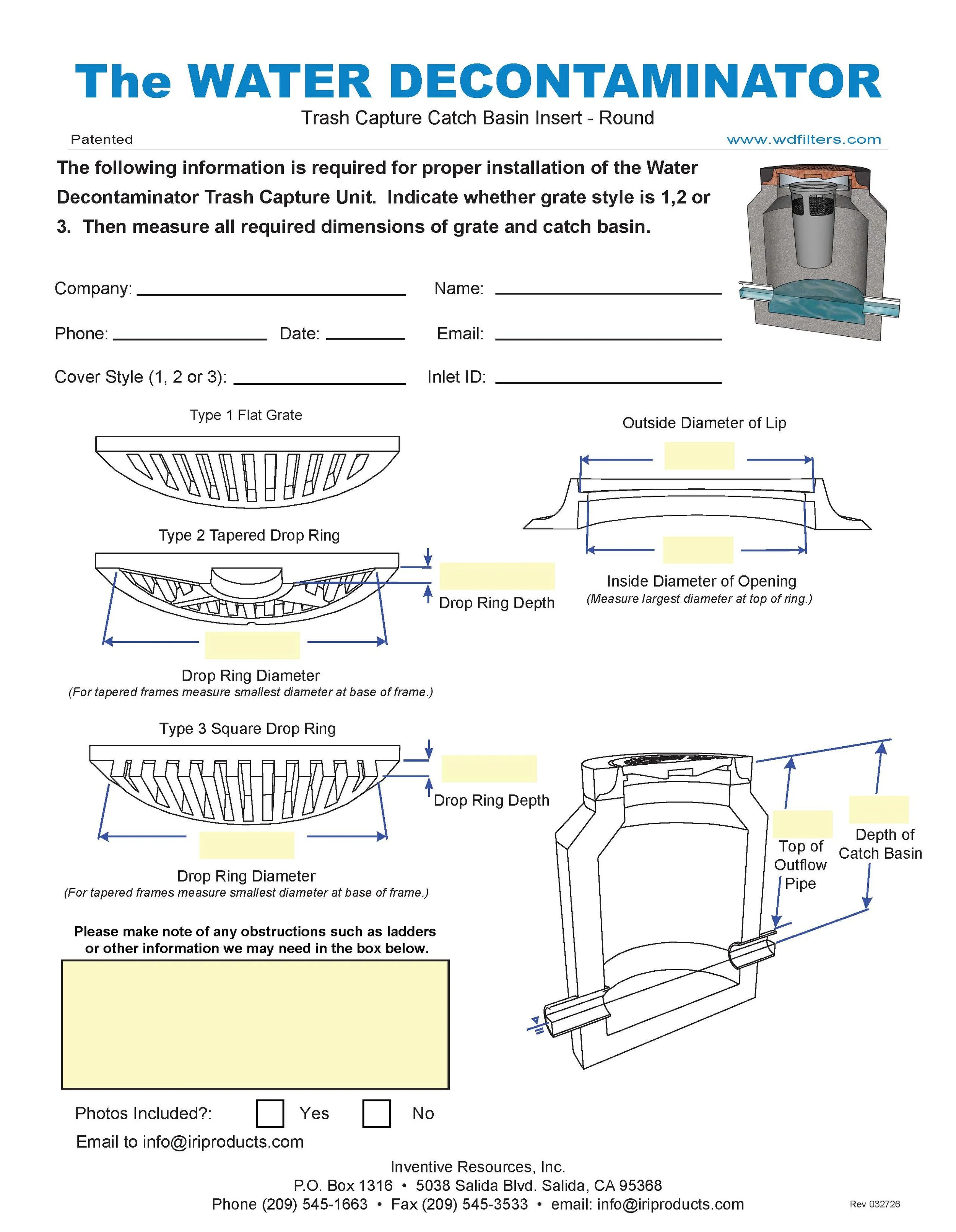 Installation guide for The Water Decontaminator trash capture unit, including diagram of three types of drain grates and measurements for proper installation.