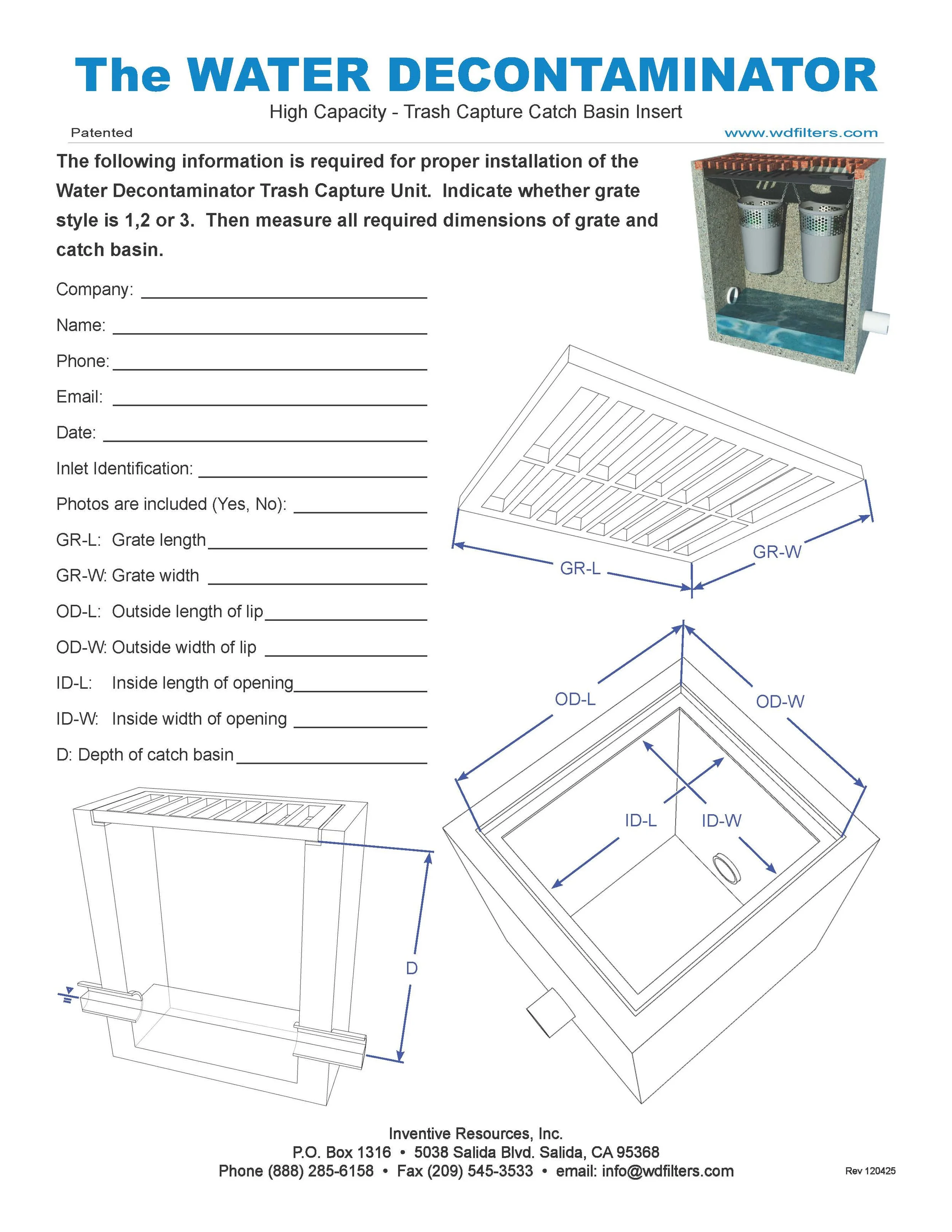 Installation guide for a water decontaminator catch basin storm water filter, including diagrams with measurements for grate and catch basin dimensions, and contact information for Inventive Resources, Inc.