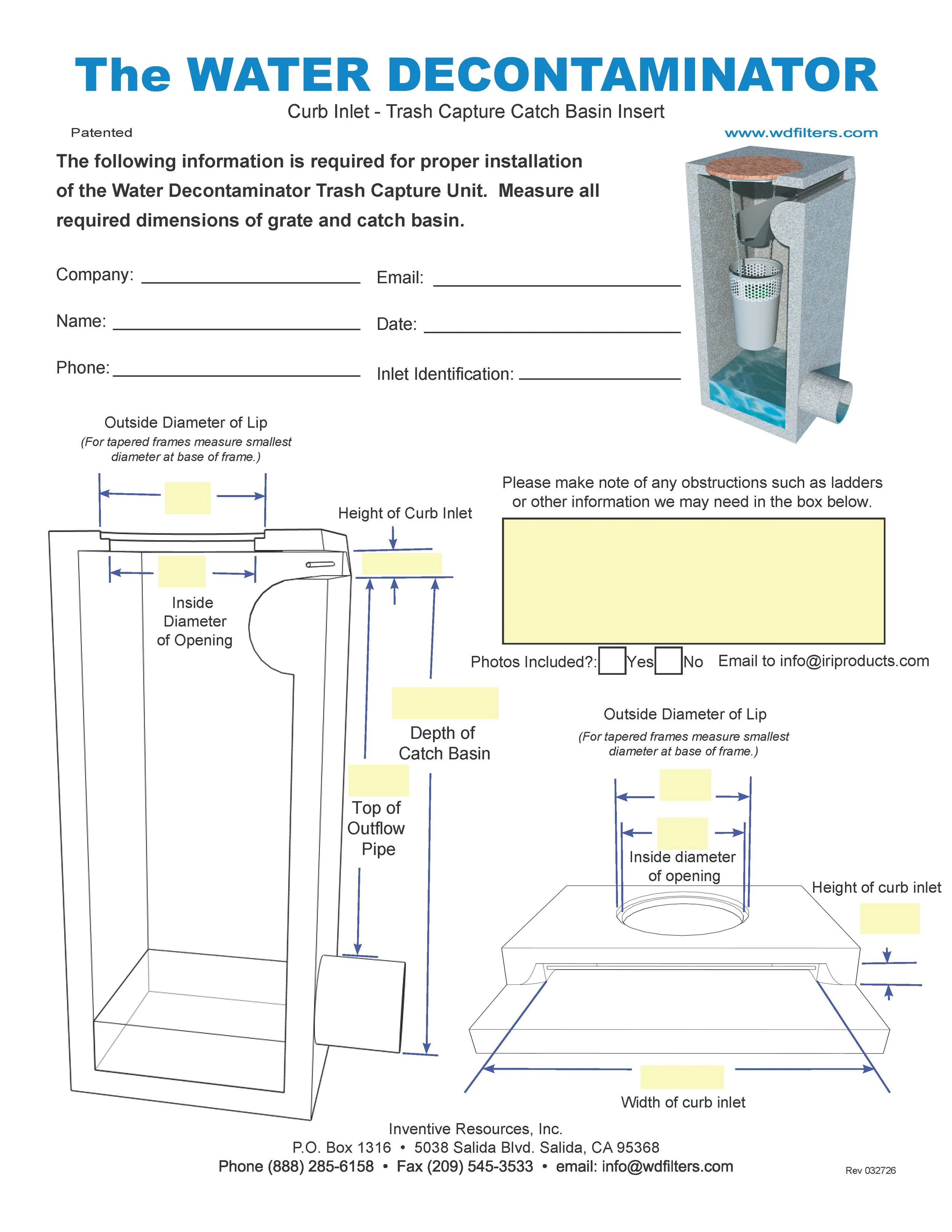 Installation guide for a water decontaminator catch basin storm water filter, including diagrams with measurements for grate and catch basin dimensions, and contact information for Inventive Resources, Inc.