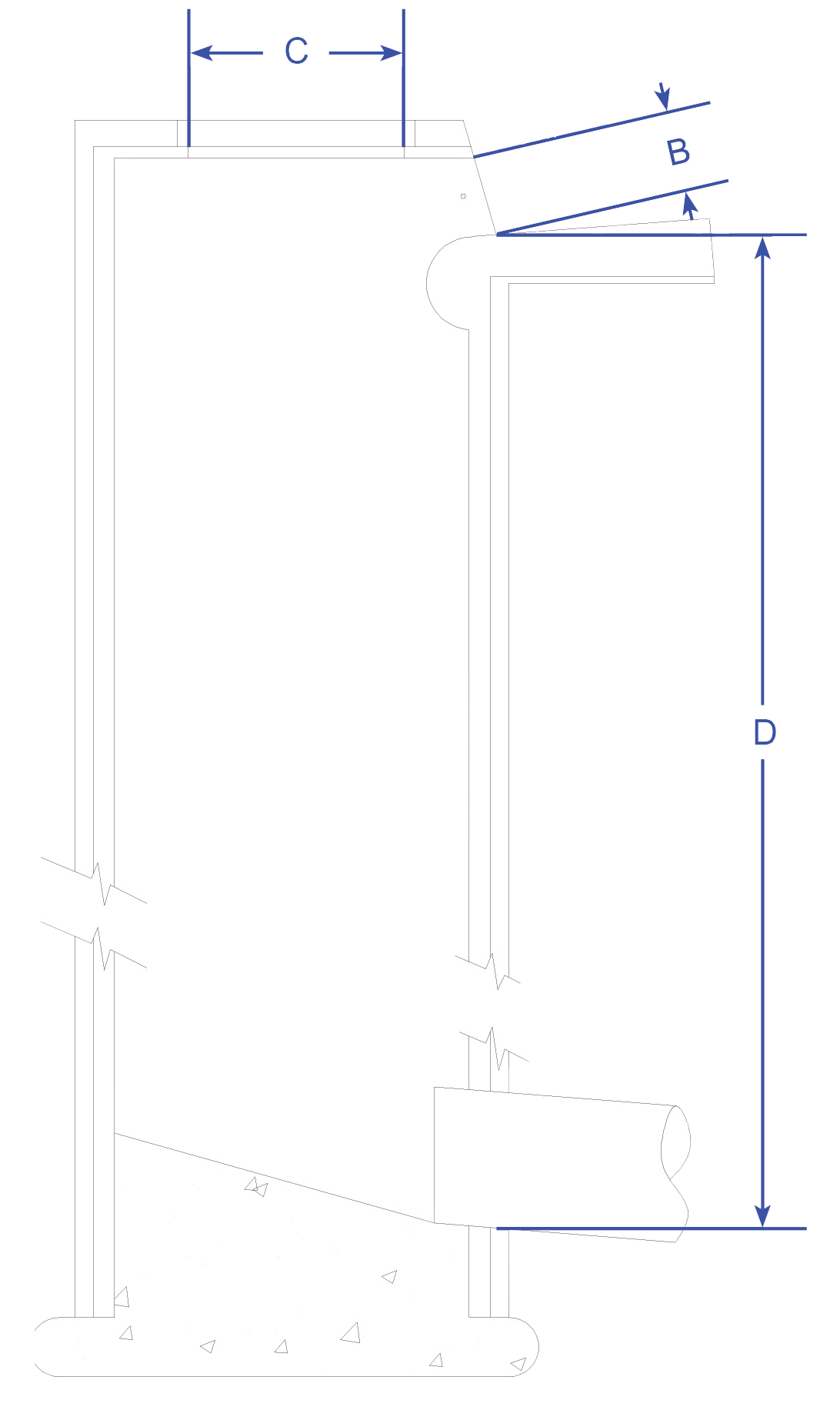 A wireframe diagram of a curb inlet storm drain with measurements and annotations.