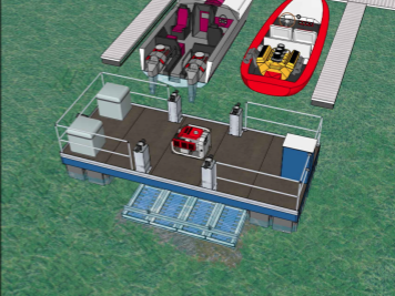 An aerial view of two boats on a dock. One boat is a remote controlled UV-C treatment vessel for eliminating aquatic invasive plant species and pond weeds.