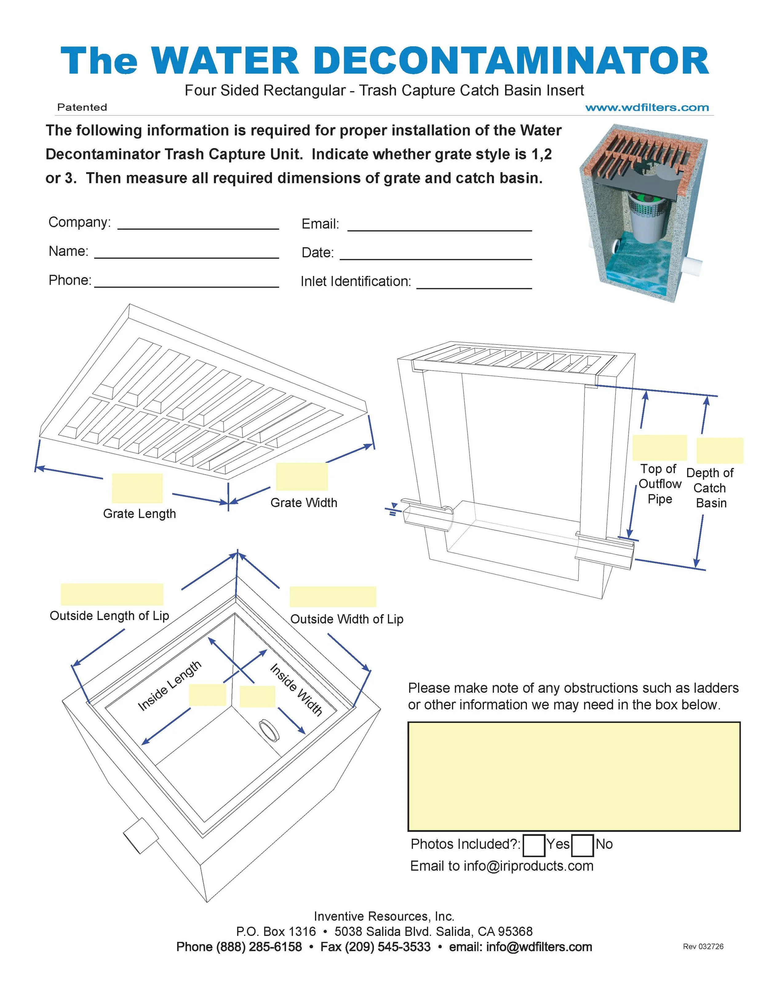 A detailed schematic and informational sheet for the Water Decontaminator trash capture basin insert, including diagrams with labeled dimensions, a 3D perspective, and a photo of the device in use.