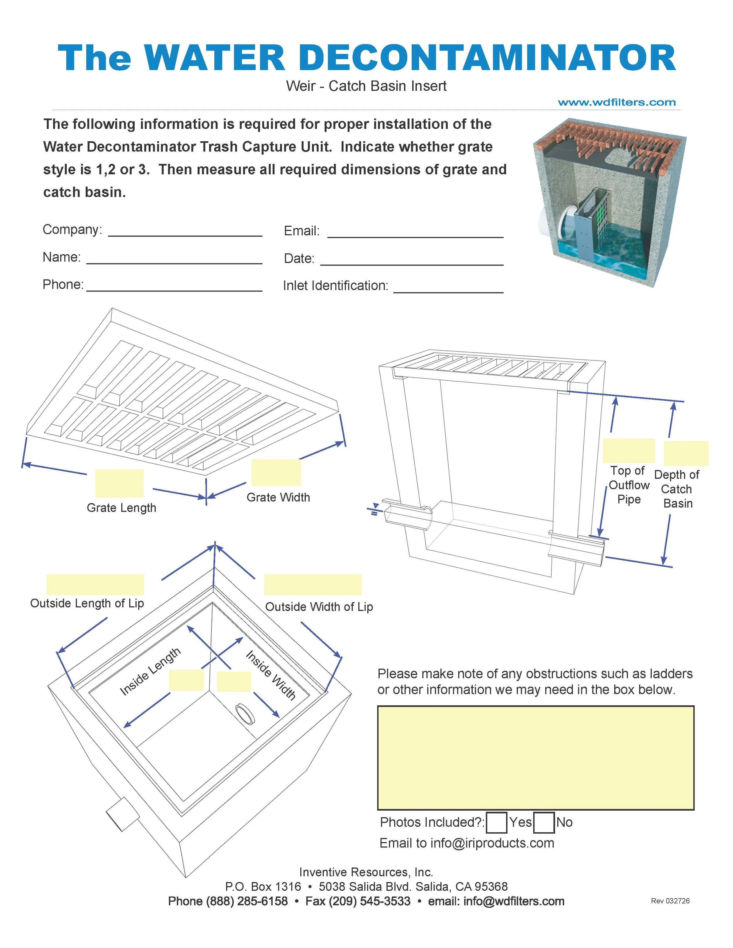 Installation guide for a water decontaminator catch basin storm water filter, including diagrams with measurements for grate and catch basin dimensions, and contact information for Inventive Resources, Inc.