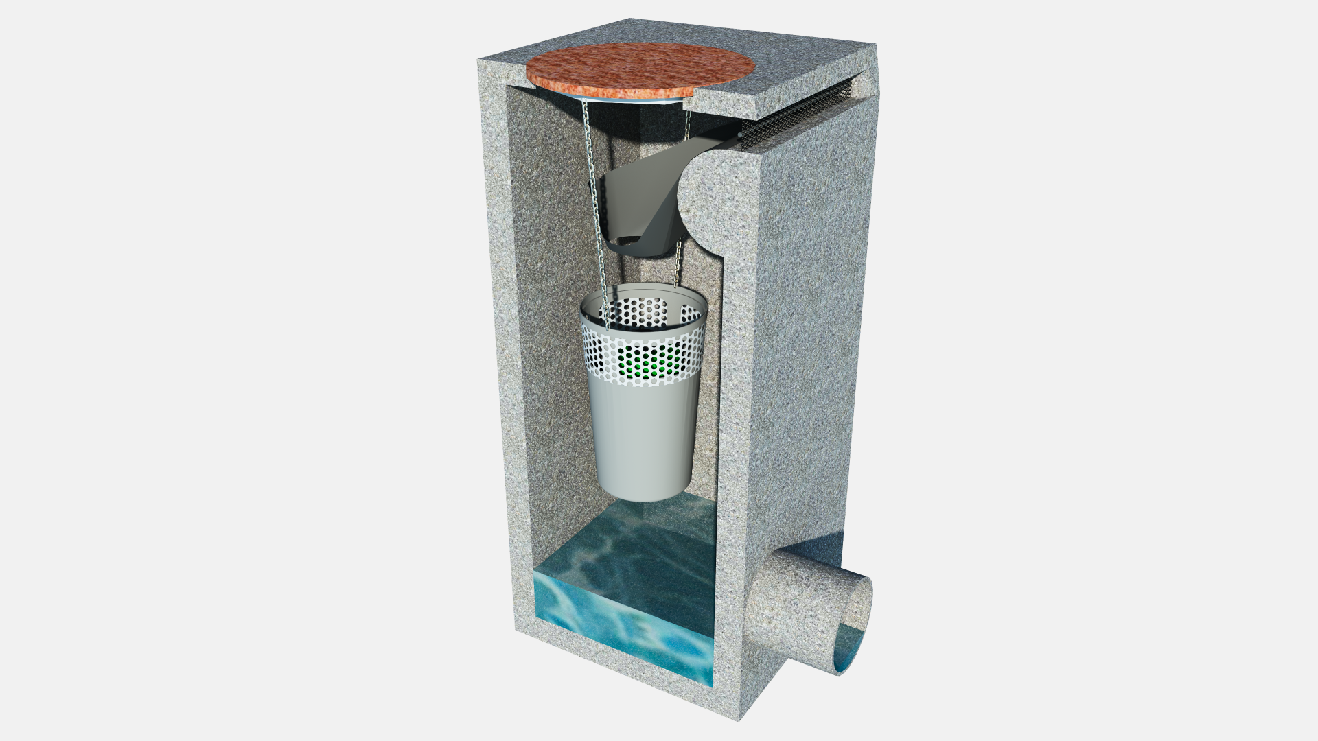 A right side view of a curb inlet catch basin filter diagram showing a catch bucket hanging from a chain inside a square concrete enclosure, with filtered, clean water at the base.