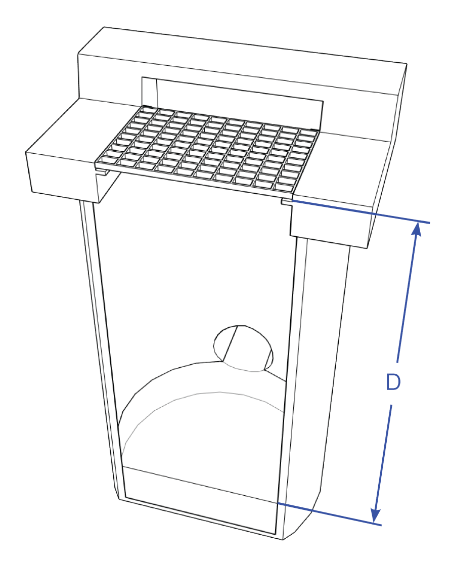 A wireframe diagram of a catch basin with grate on, with labeled dimensions for grates and openings.