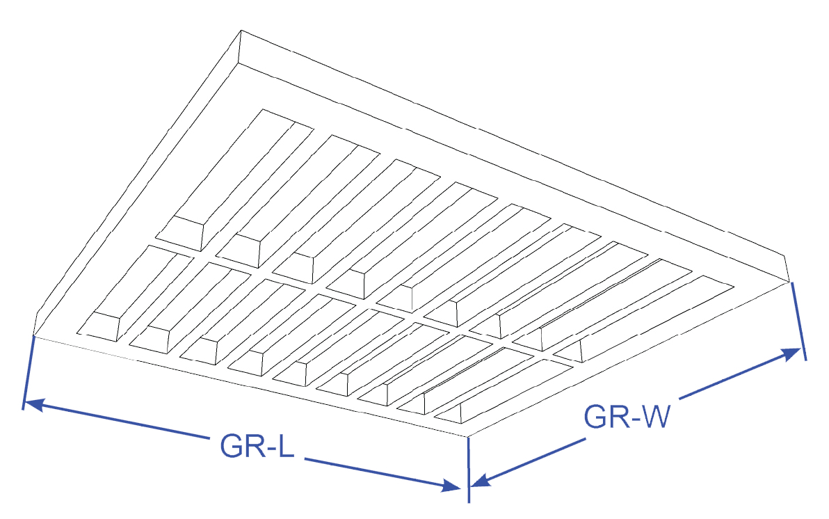 A wireframe diagram of a rectangular storm drain grate, labeled with dimensions GR-L and GR-W.