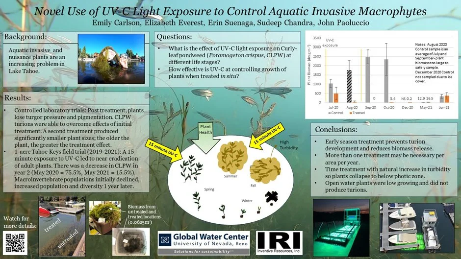Infographic titled 'Novel Use of UV-C Light Exposure to Control Aquatic Invasive Macrophytes' by Emily Carlson and others. The infographic discusses the use of UV-C light on Curly-leaf pondweed in Lake Tahoe, covering background, questions, results,