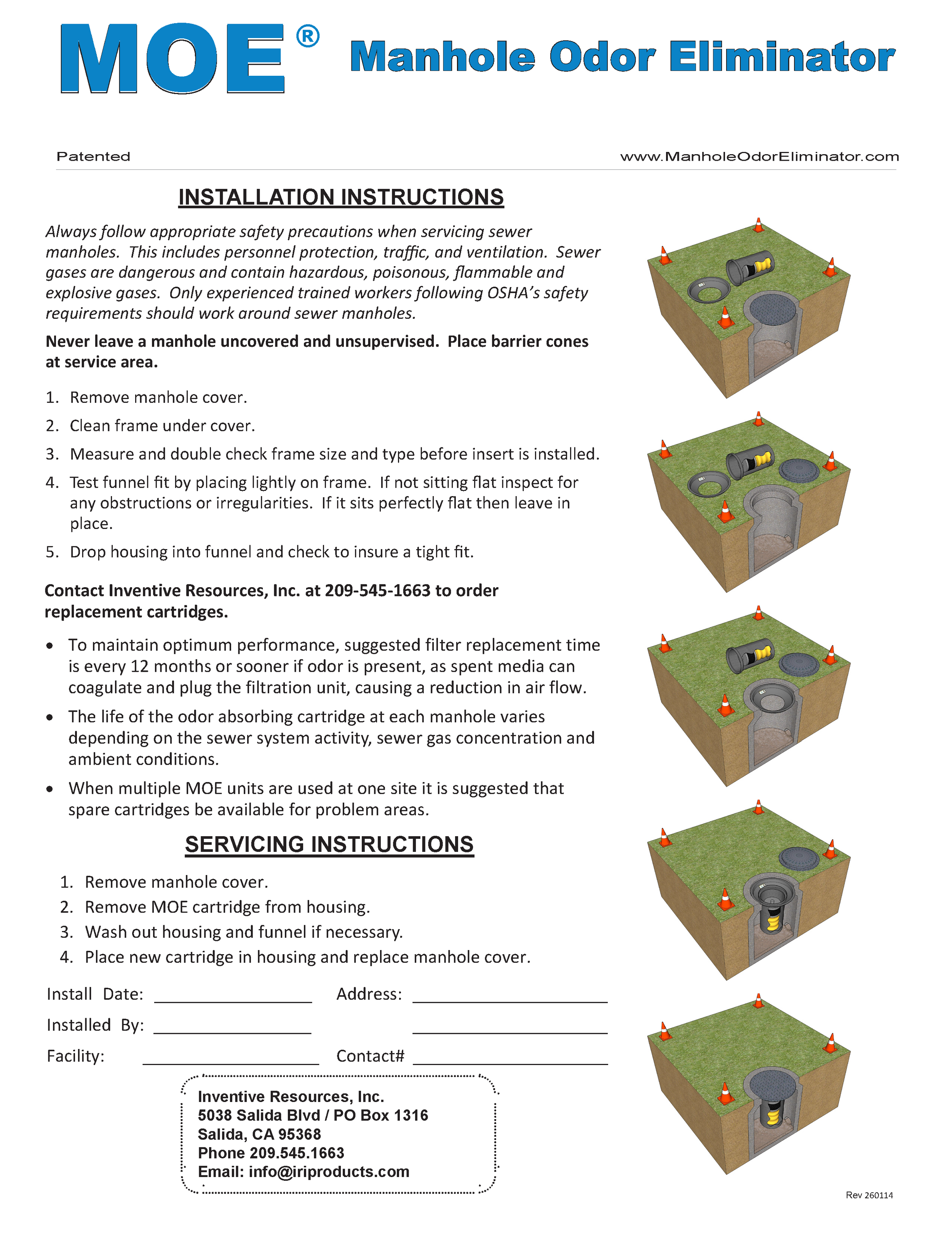 Installation and servicing instructions for a Manhole Odor Eliminator, including diagrams showing steps such as removing the manhole cover, cleaning the frame, measuring and inserting a new cartridge, testing the fit, and replacing the cover, with safety cones around the manhole.