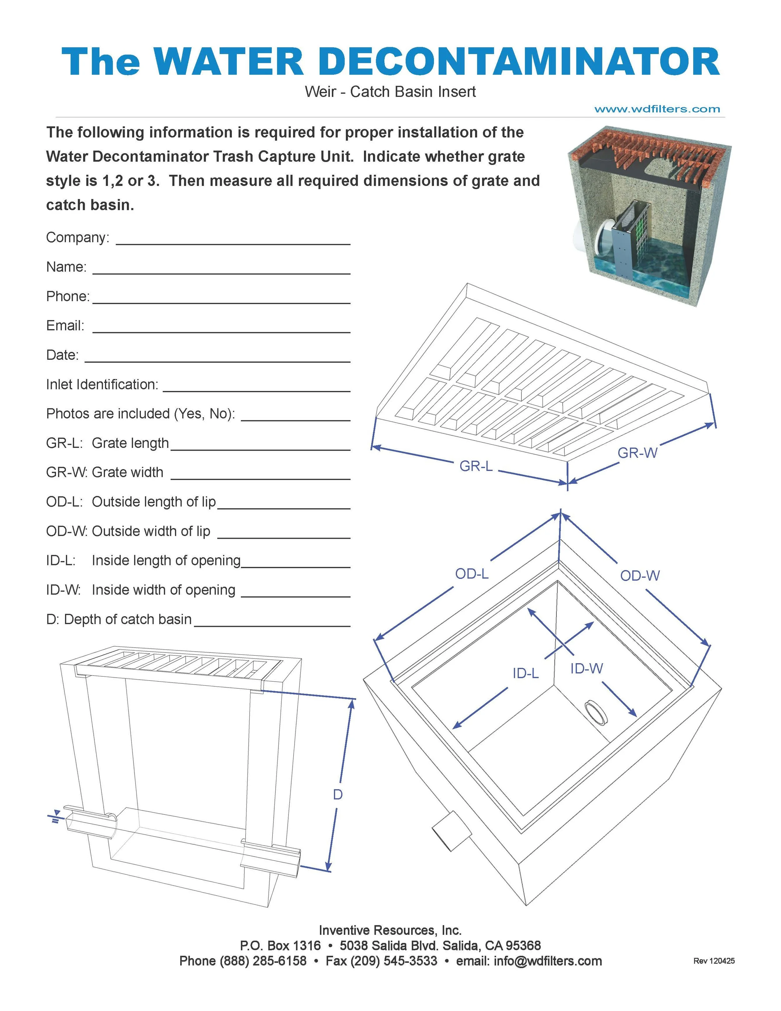 Installation guide for a water decontaminator catch basin storm water filter, including diagrams with measurements for grate and catch basin dimensions, and contact information for Inventive Resources, Inc.