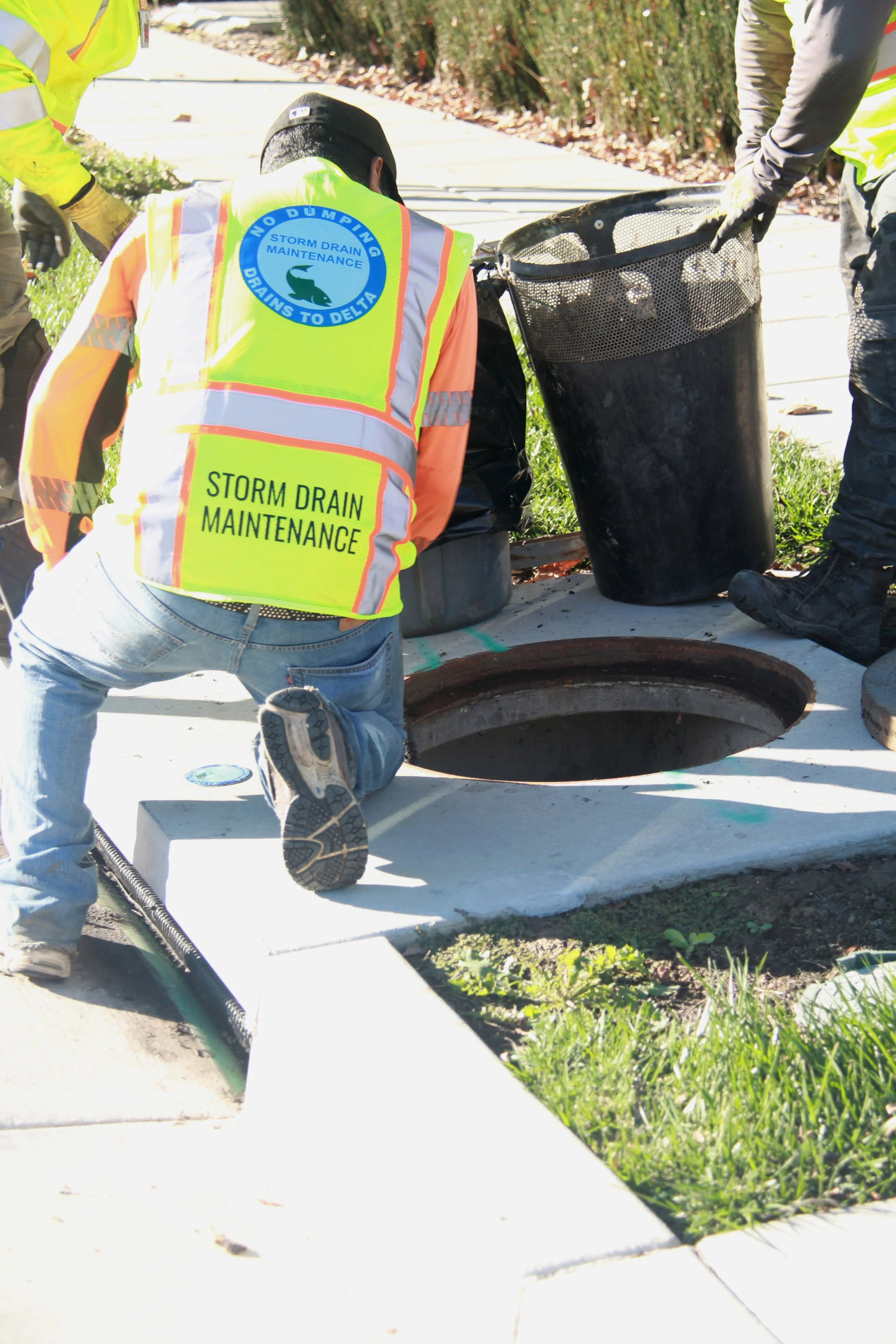 Workers in safety vests and gloves performing storm drain maintenance by a sidewalk.