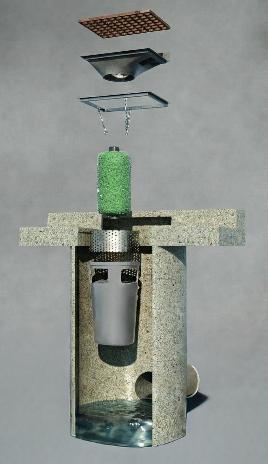 A disassembled The Water Decontaminator Trash Capture Catch Basin Insert