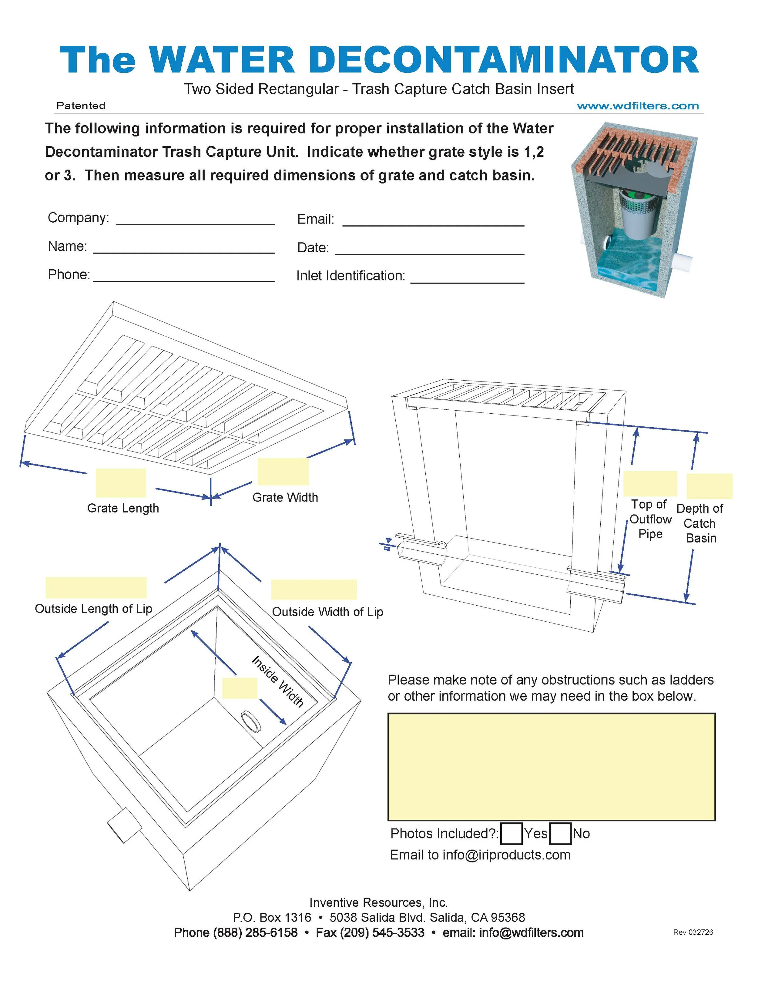 Diagram and specifications for a water decontaminator trash capture basin insert, showing measurements for grate and lip dimensions, and a 3D rendering of the device.