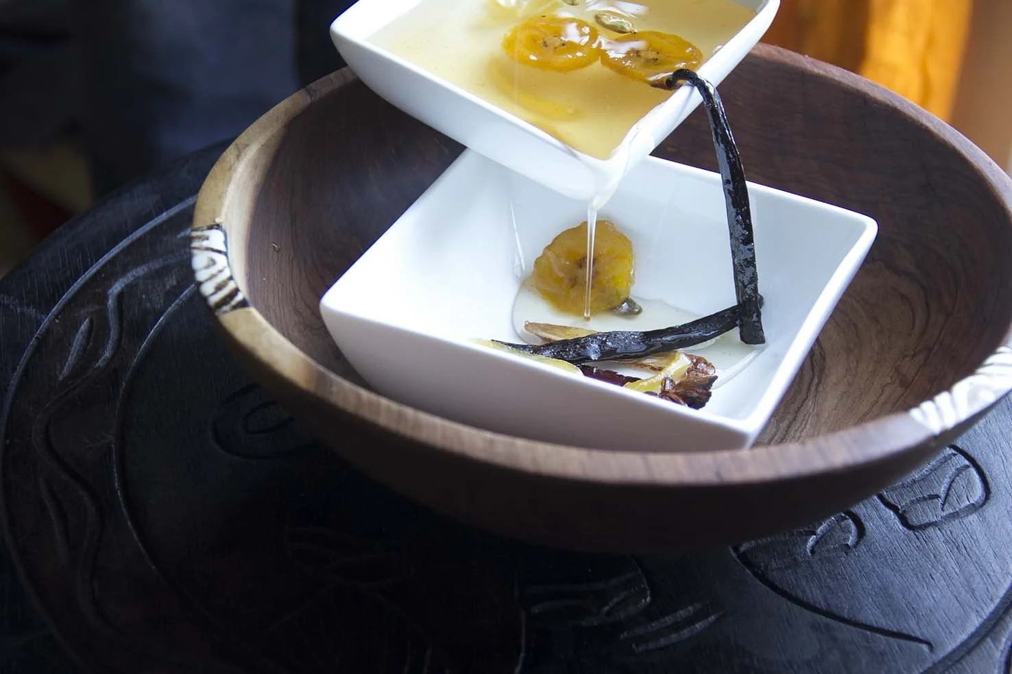 Poached plantain in a nicely spiced syrup