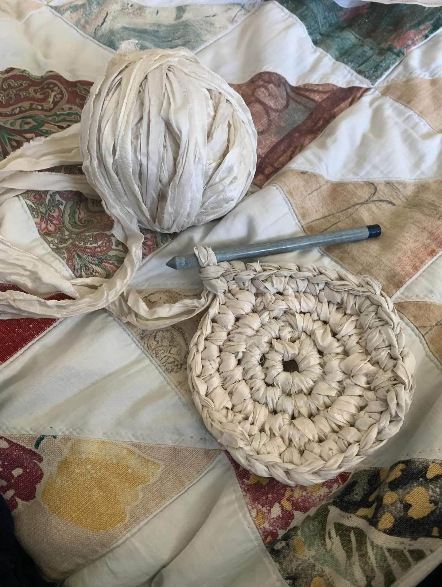 Working on a crocheted basket made from recycled sari silk &ldquo;yarn&rdquo; and using my favorite @lykkemakehappy wooden crochet hooks! I am loving it! This might be my new favorite go-to project. Silk is so strong and beautifully unique.