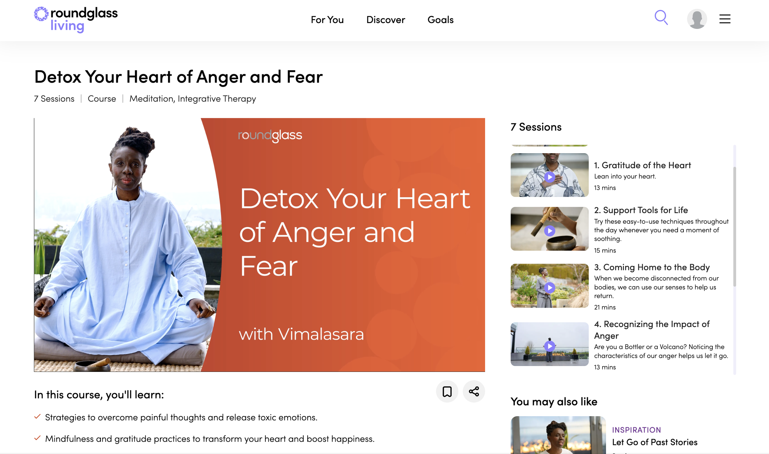 Course webpage for 'Detox Your Heart of Anger and Fear' by RoundGlass Living featuring Vimala Sara, with a seated meditation image, course description, and session overview.