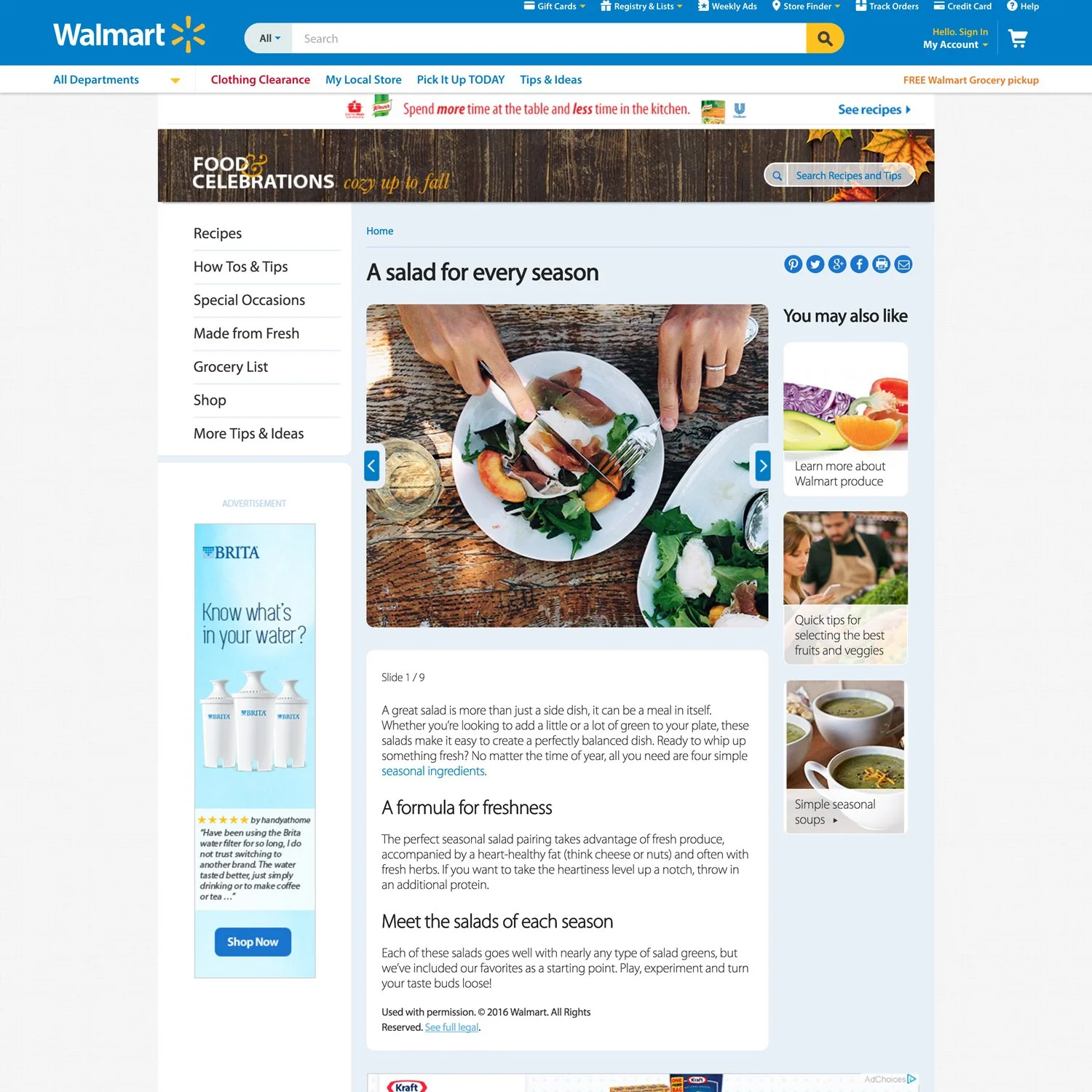 Website page featuring a recipe article titled 'A salad for every season' from Walmart. The page includes an image of hands preparing a salad with greens and prosciutto. Featured sections are recipes, tips, and related links. An advertisement for Brita water is on the side.