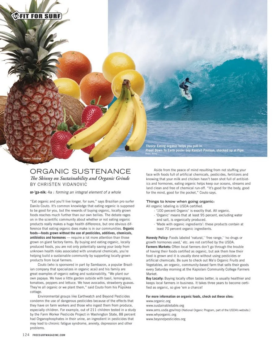 Surf magazine page featuring organic fruits and surfing, emphasizing organic food benefits. Text discusses sustainability, pesticide effects, and offers resources for buying organic. Fruits include pineapple, bananas, oranges, lemons, strawberries, and coconut.
