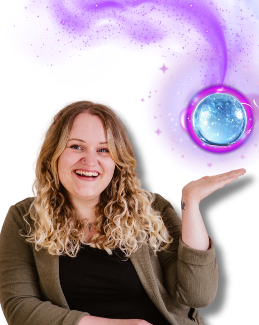 Woman with blonde curly hair, smiling, with one hand raised palm-up. A colourful ball of magic energy hovers above her palm.